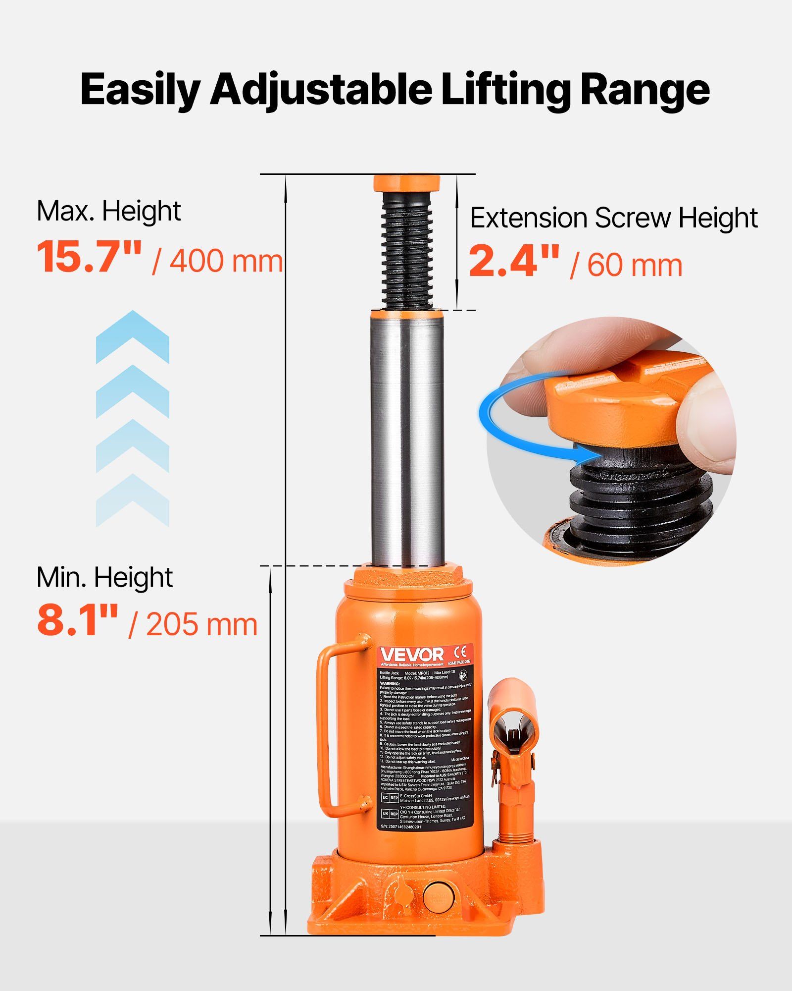 Hydraulic Bottle Jack, 12 Ton (26455.5 lbs) Capacity, 205-400 mm Lifting Range, Heavy Duty Welded Bottle Jack for Car, SUV, Pickup, Auto Repair, House Lift and Agricultural Equipment, Orange - Image 3