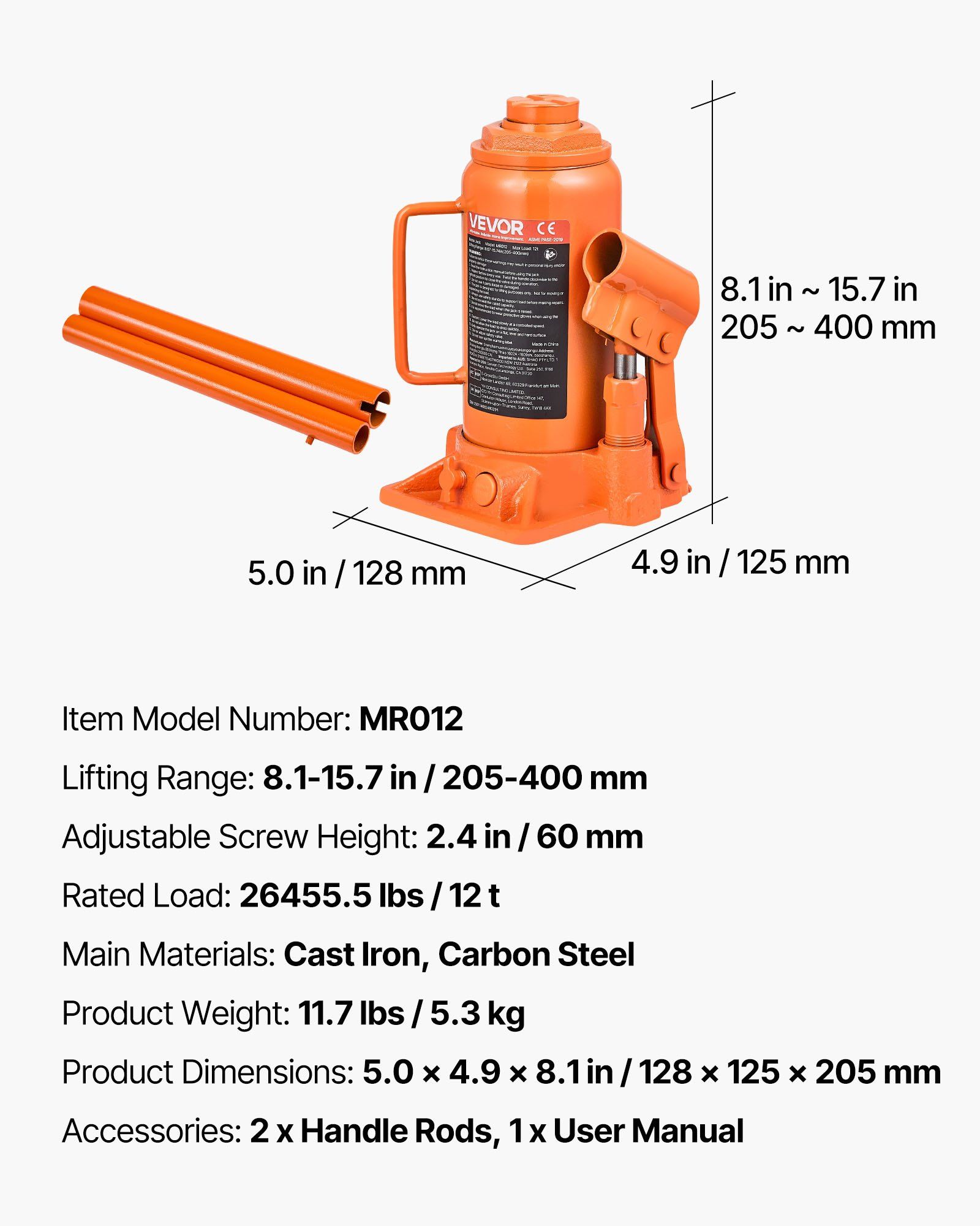 Hydraulic Bottle Jack, 12 Ton (26455.5 lbs) Capacity, 205-400 mm Lifting Range, Heavy Duty Welded Bottle Jack for Car, SUV, Pickup, Auto Repair, House Lift and Agricultural Equipment, Orange - Image 7