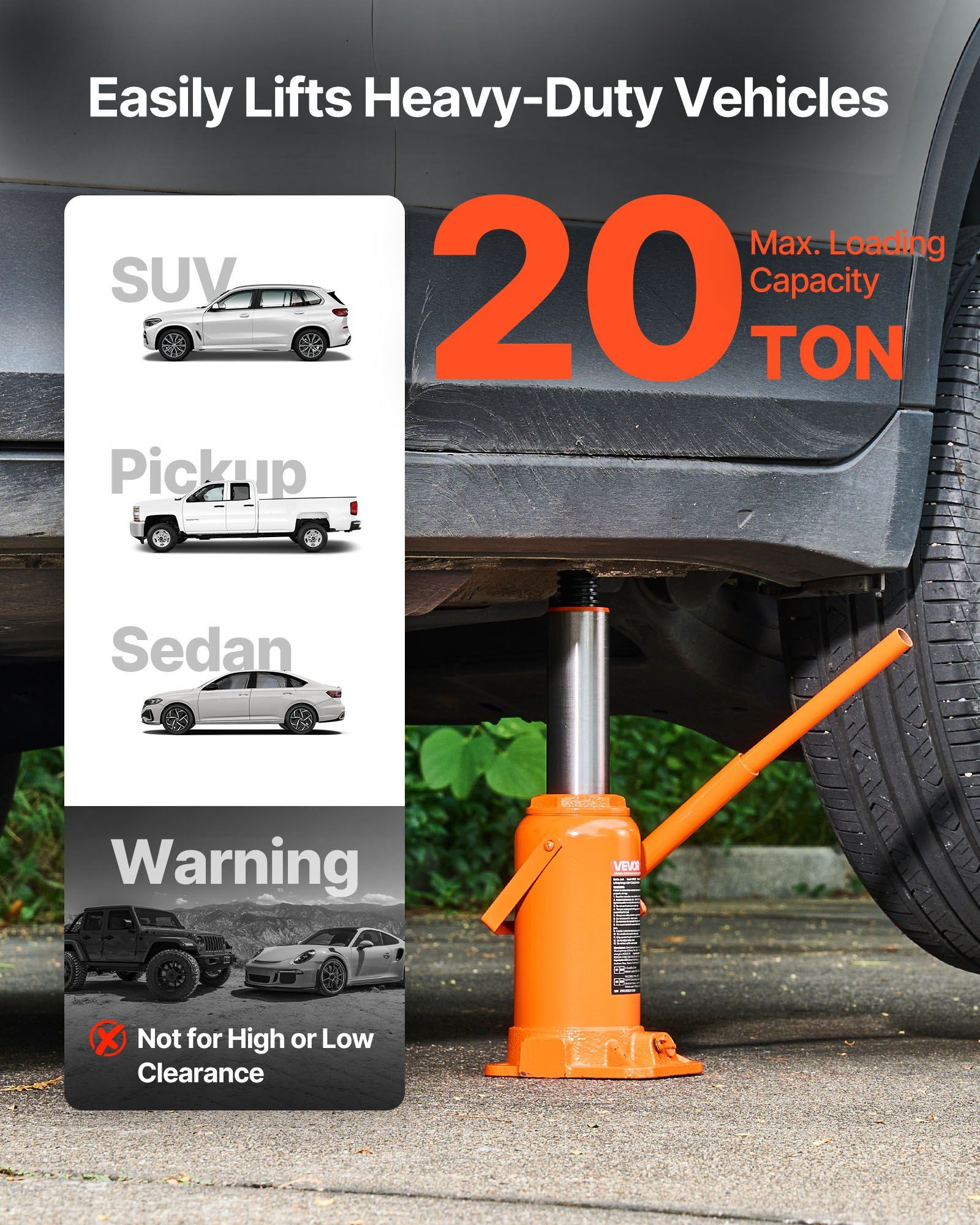 Hydraulic Bottle Jack, 20 Ton (44092 lbs) Load Capacity, 225-435 mm Lifting Range, Heavy Duty Welded Bottle Jack for Car, SUV, Pickup, Auto Repair, House Lift and Agricultural Equipment, Orange - Image 2