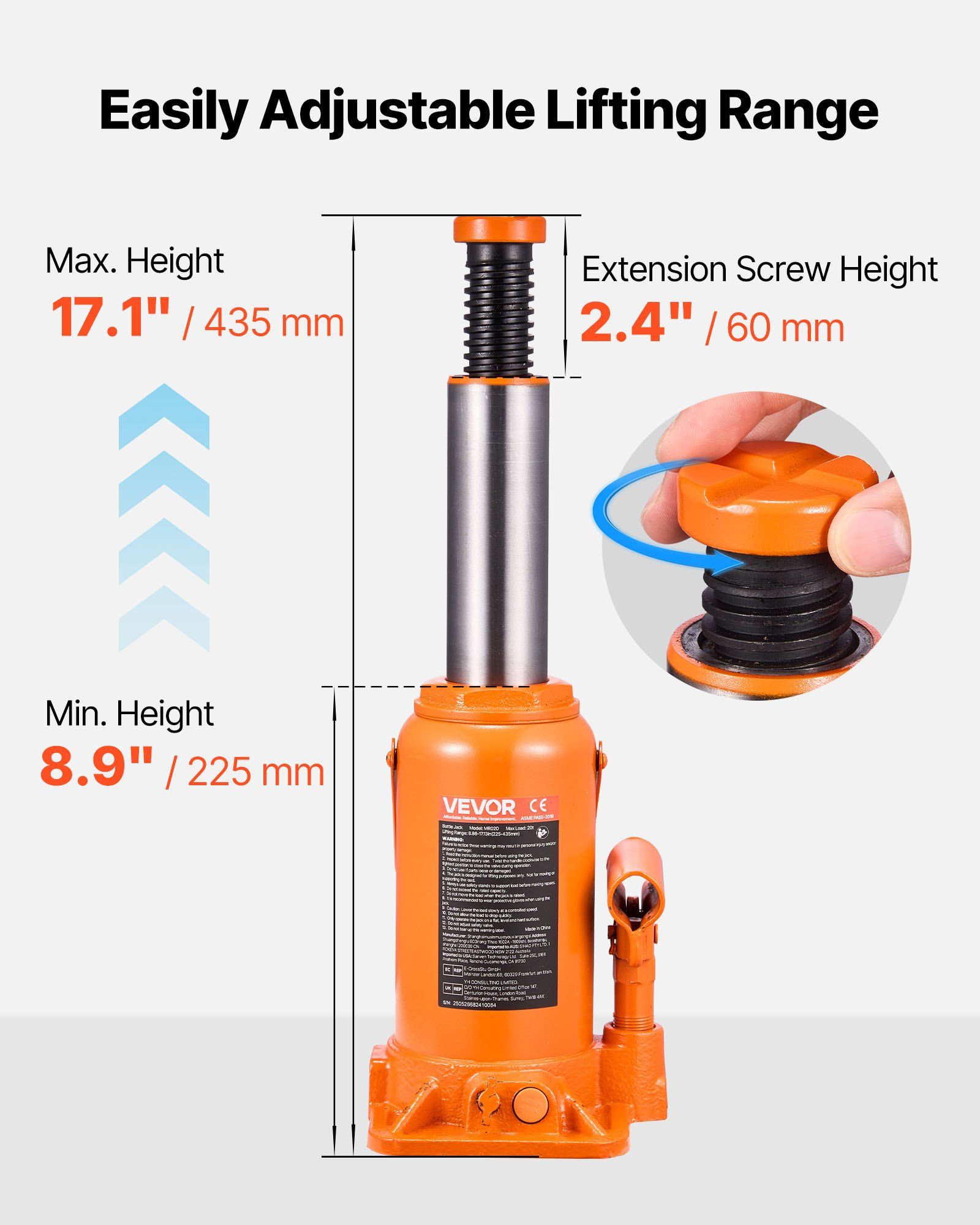 Hydraulic Bottle Jack, 20 Ton (44092 lbs) Load Capacity, 225-435 mm Lifting Range, Heavy Duty Welded Bottle Jack for Car, SUV, Pickup, Auto Repair, House Lift and Agricultural Equipment, Orange - Image 3