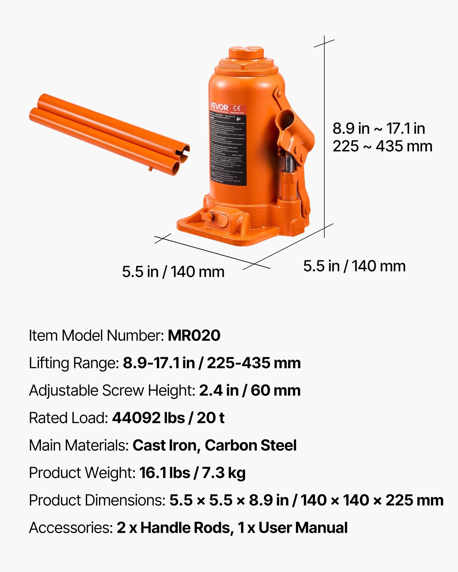 Hydraulic Bottle Jack, 20 Ton (44092 lbs) Load Capacity, 225-435 mm Lifting Range, Heavy Duty Welded Bottle Jack for Car, SUV, Pickup, Auto Repair, House Lift and Agricultural Equipment, Orange - Image 7