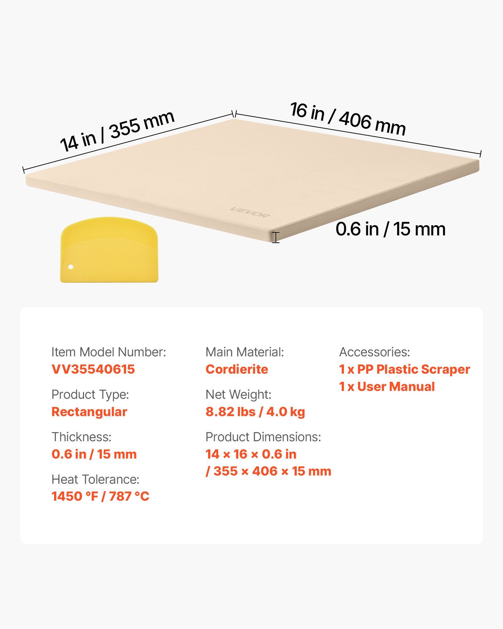 Pizza Stone, 406 x 355 mm Rectangular Cordierite Pizza Stone, Extra Large Baking-Stone with Scraper, 15 mm Thick Heat-Resistant Cordierite, for Kitchen Oven, Baking Bread & Pizzas, BBQ Grilling - Image 7