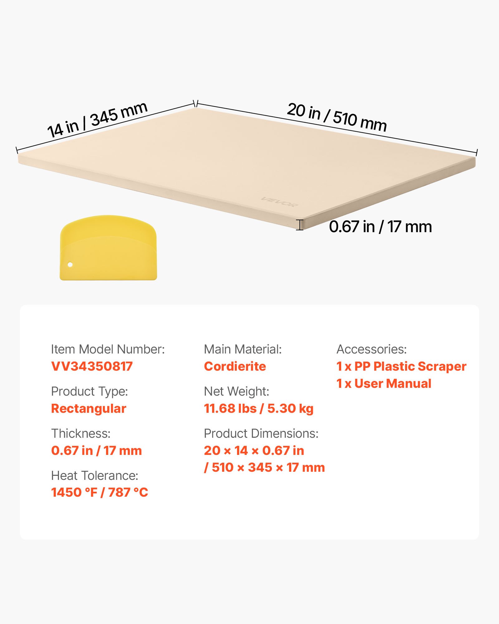 Pizza Stone, 508 x 355 mm Rectangular Cordierite Pizza Stone, Extra Large Baking-Stone with PP Scraper, 17 mm Thick Heat-Resistant Cordierite, for Oven, Baking Bread & Pizzas, BBQ Grilling - Image 7