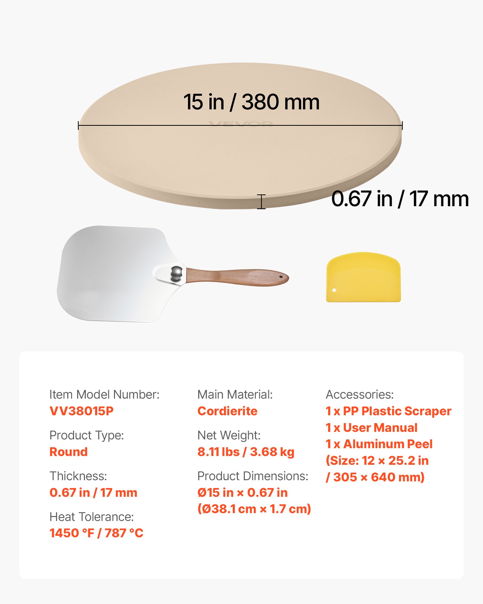 Pizza Stone, 381 mm Round Cordierite Pizza Stone, Extra Large Baking-Stone with Aluminum Peel, 17 mm Thickness Heat-Resistant Cooking Cordierite, for Kitchen Oven, Baking Pizzas, BBQ Grilling - Image 7