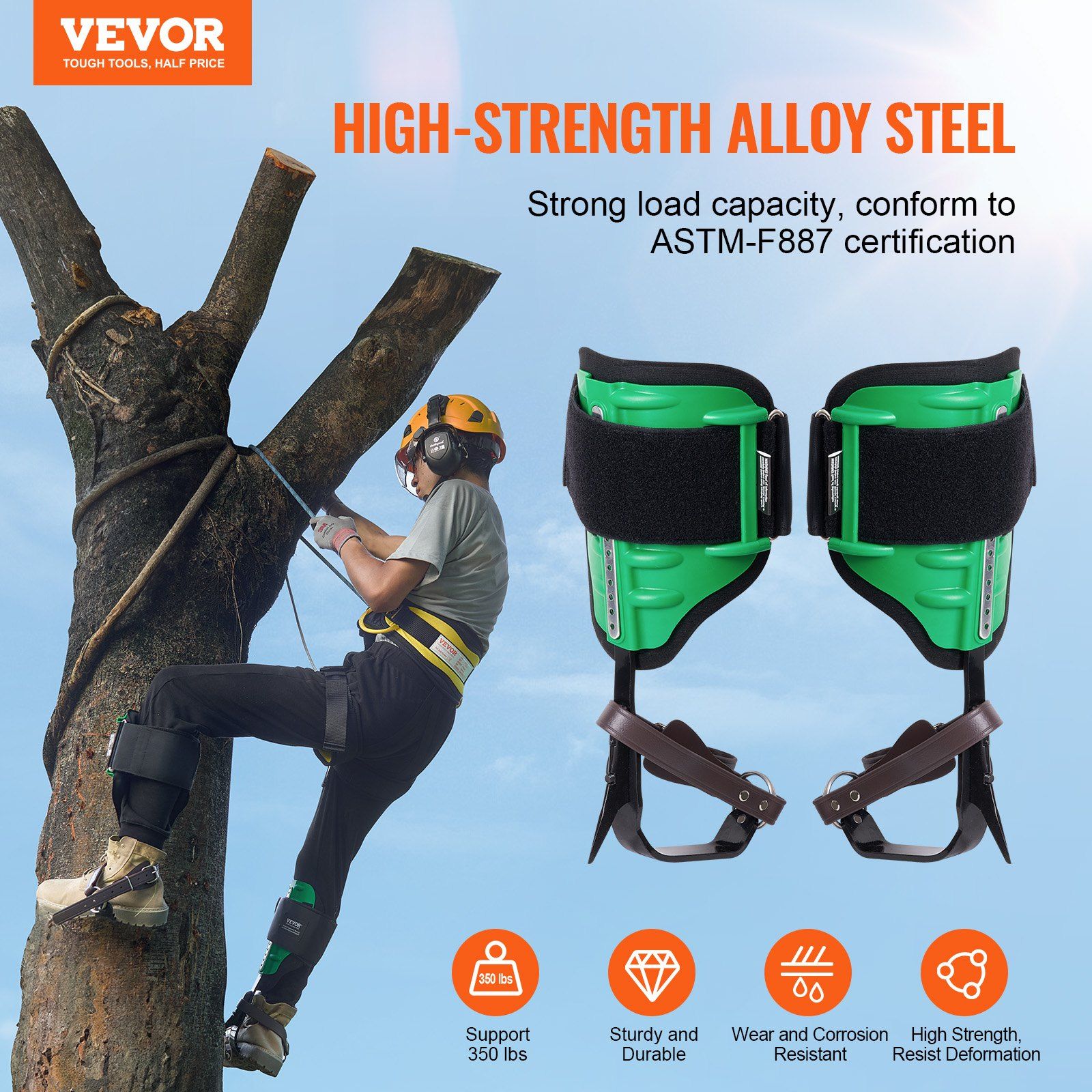 Tree Climbing Spikes, 1 Pair Alloy Steel Climbing Spurs, 350lbs Load Capacity Tree Climbing Gear with Straps and Spike Protectors, Arborist Equipment for Climbers, Hunting, Fruit Picking, Green - Image 2