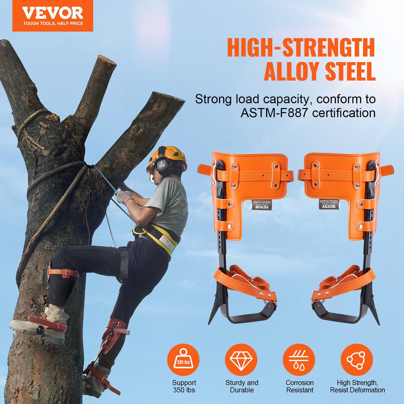 Tree Climbing Spikes Set, 1 Pair Alloy Steel Climbing Spurs with Safety Rope and Safety Harness, 350lbs Load Capacity Tree Climbing Gear, Arborist Equipment for Climbers, Fruit Picking, Orange - Image 2