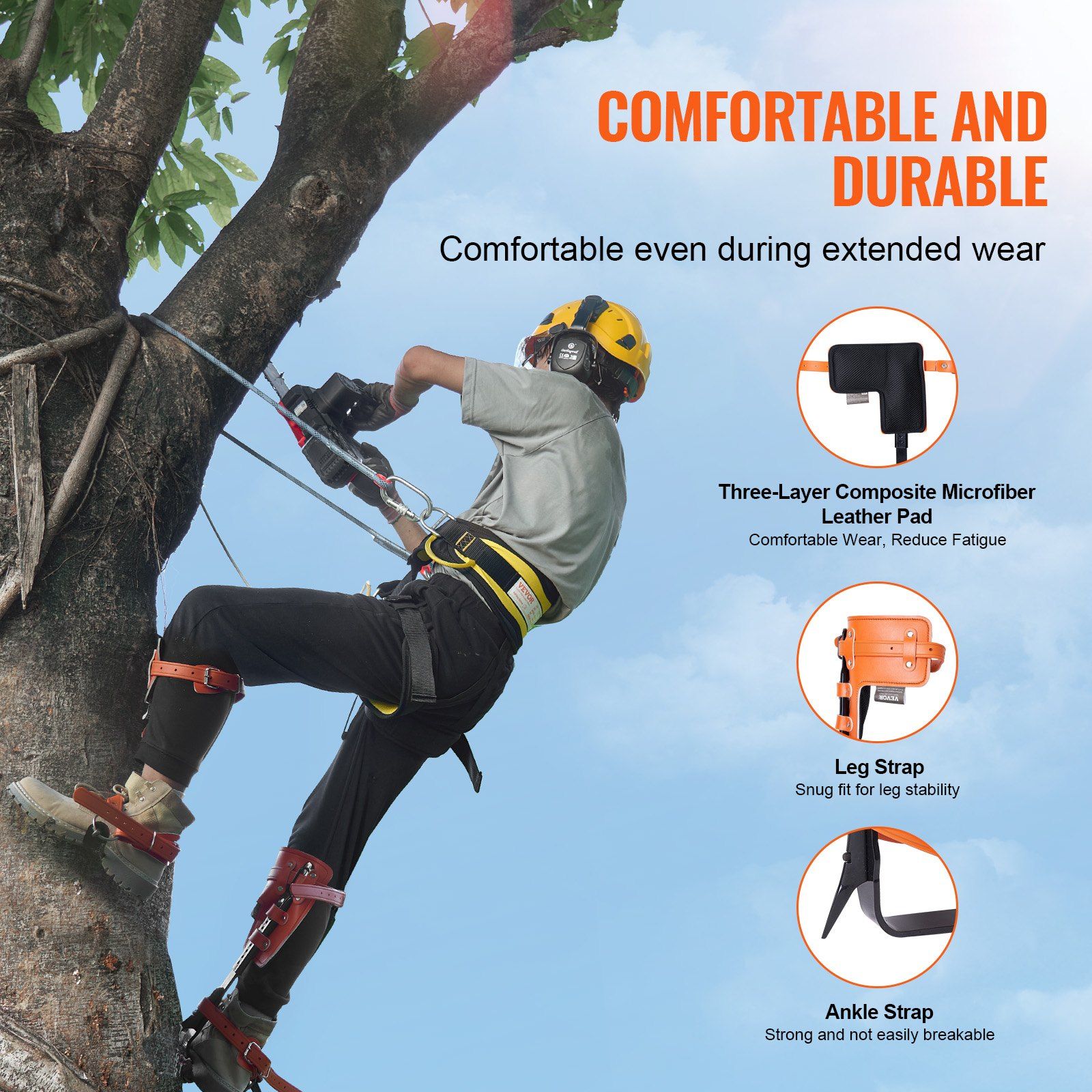 Tree Climbing Spikes Set, 1 Pair Alloy Steel Climbing Spurs with Safety Rope and Safety Harness, 350lbs Load Capacity Tree Climbing Gear, Arborist Equipment for Climbers, Fruit Picking, Orange - Image 3
