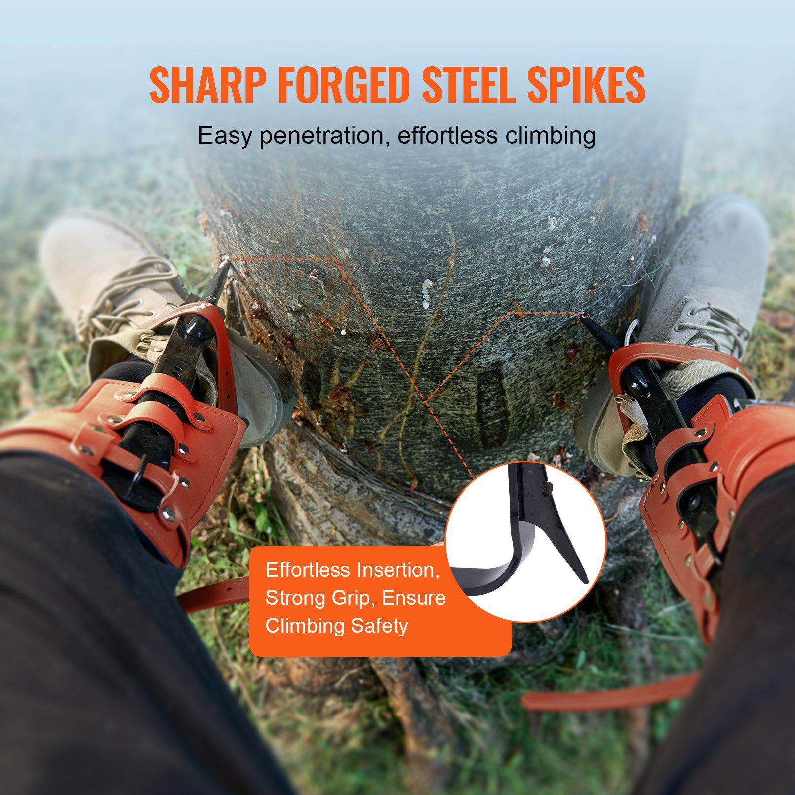 Tree Climbing Spikes Set, 1 Pair Alloy Steel Climbing Spurs with Safety Rope and Safety Harness, 350lbs Load Capacity Tree Climbing Gear, Arborist Equipment for Climbers, Fruit Picking, Orange - Image 5