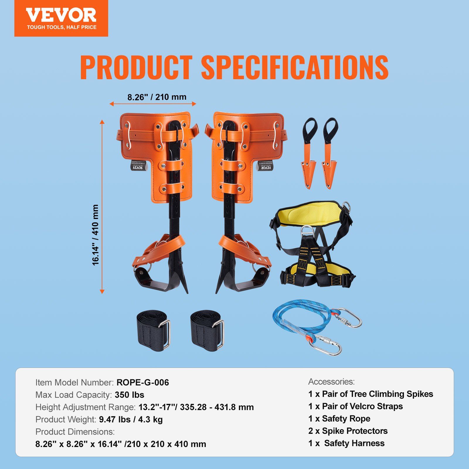 Tree Climbing Spikes Set, 1 Pair Alloy Steel Climbing Spurs with Safety Rope and Safety Harness, 350lbs Load Capacity Tree Climbing Gear, Arborist Equipment for Climbers, Fruit Picking, Orange - Image 7