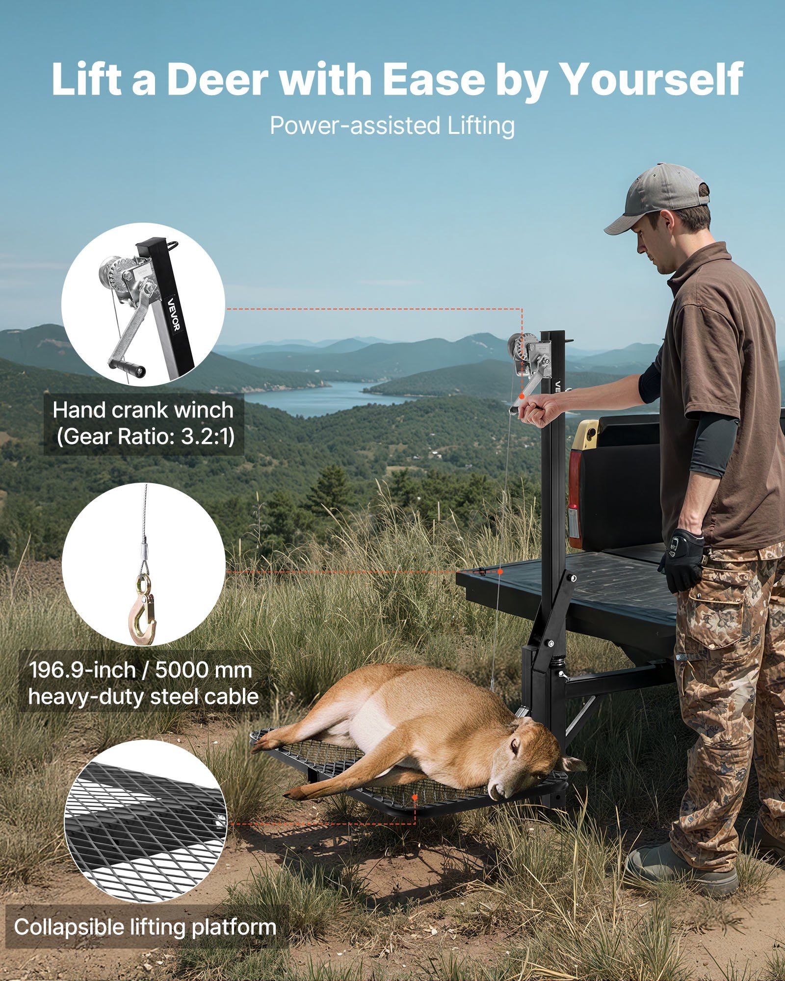 Hitch Deer Hoist with Lifting System Platform, 300 lbs Load Capacity, Game Hoist Winch Lift with 2-inch Receiver, 360-Degree Swivel Shaft & Foldable, Hitch-Mounted Deer Hanger for Moving Game - Image 3