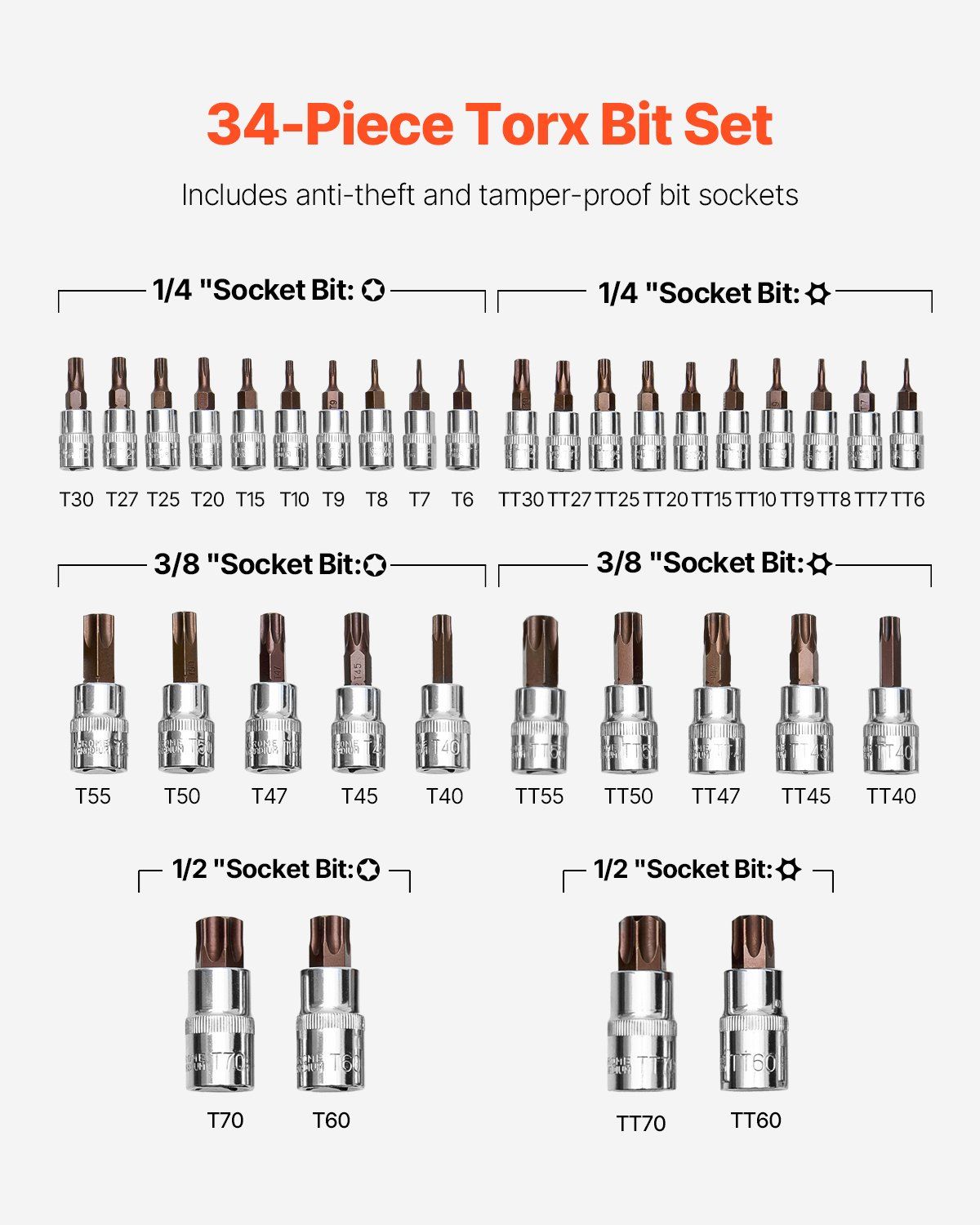 Torx Bit Socket Set, 34-Piece Solid Star and Tamper Proof T6-T70, S2 Alloy Steel and Cr-V Steel, 1/4 in, 3/8 in, and 1/2 in Drives, with Enhanced Storage Case, Torx Sockets for Hand Use - Image 3