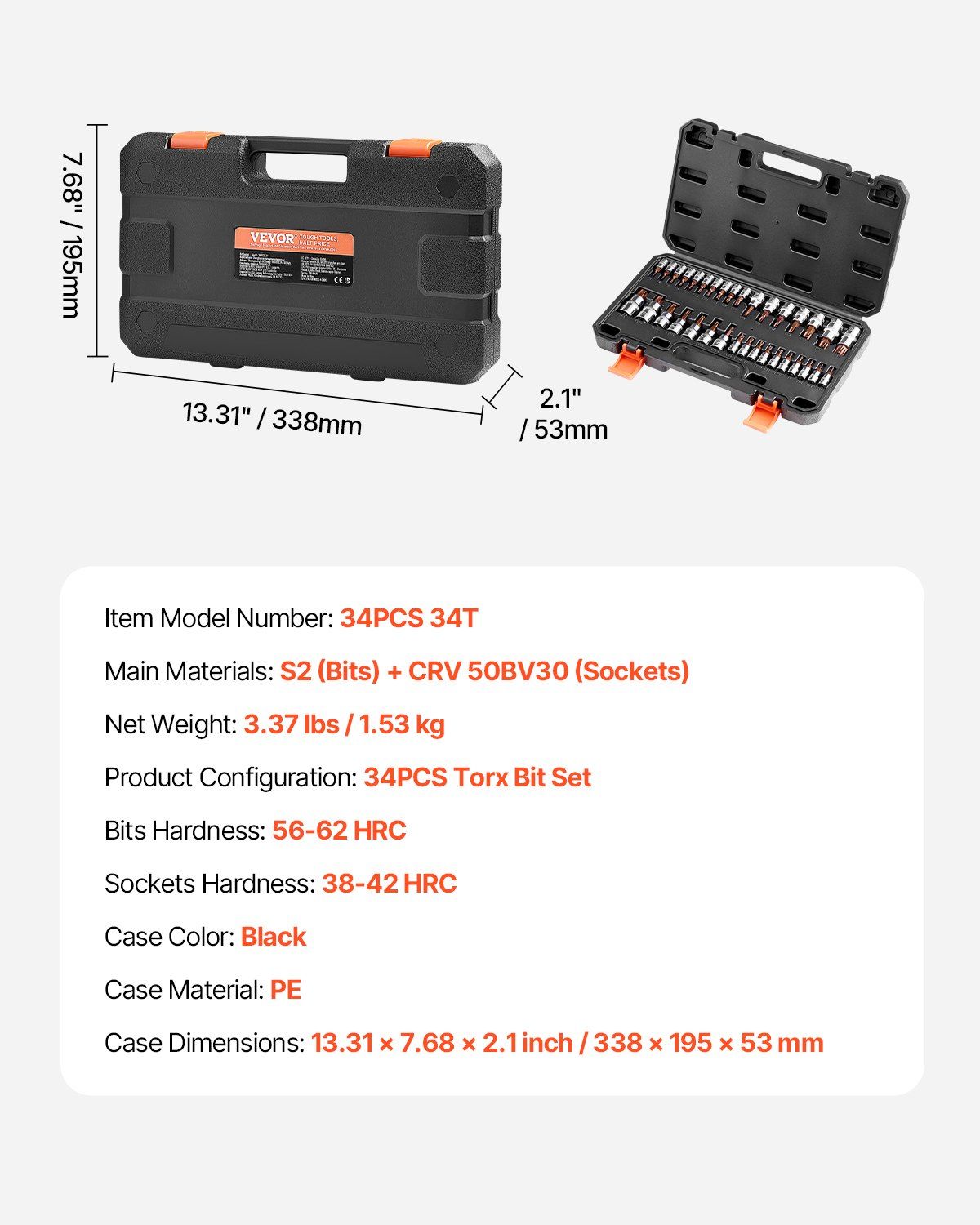 Torx Bit Socket Set, 34-Piece Solid Star and Tamper Proof T6-T70, S2 Alloy Steel and Cr-V Steel, 1/4 in, 3/8 in, and 1/2 in Drives, with Enhanced Storage Case, Torx Sockets for Hand Use - Image 7