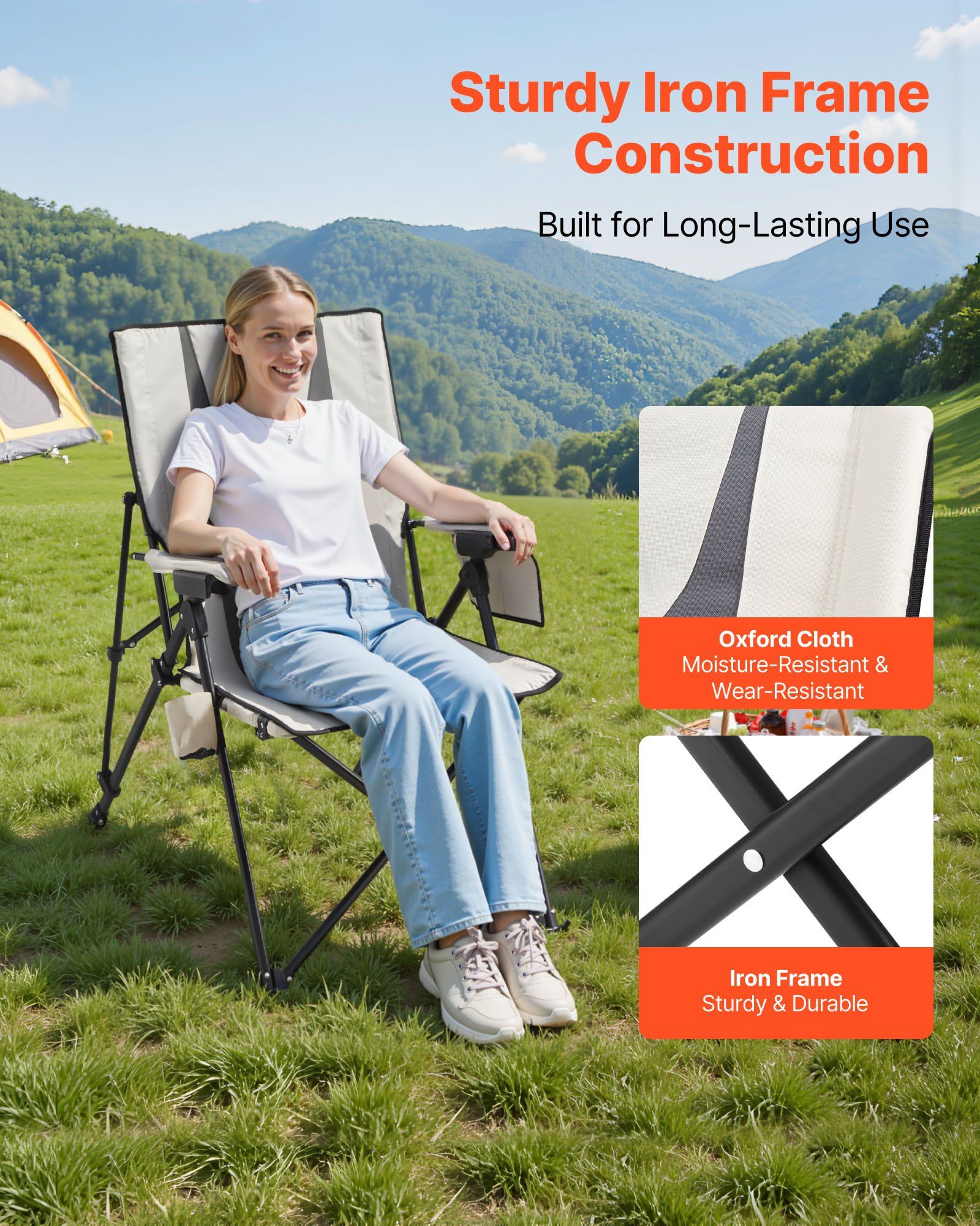 Folding Camping Chair, 3 Reclining Positions, Outdoor High Back Camping Chair, 260lbs Weight Capacity, Full Padded Beach Chairs with Armrest & Headrest, Portable Lawn Chairs for Sports Travel - Image 3