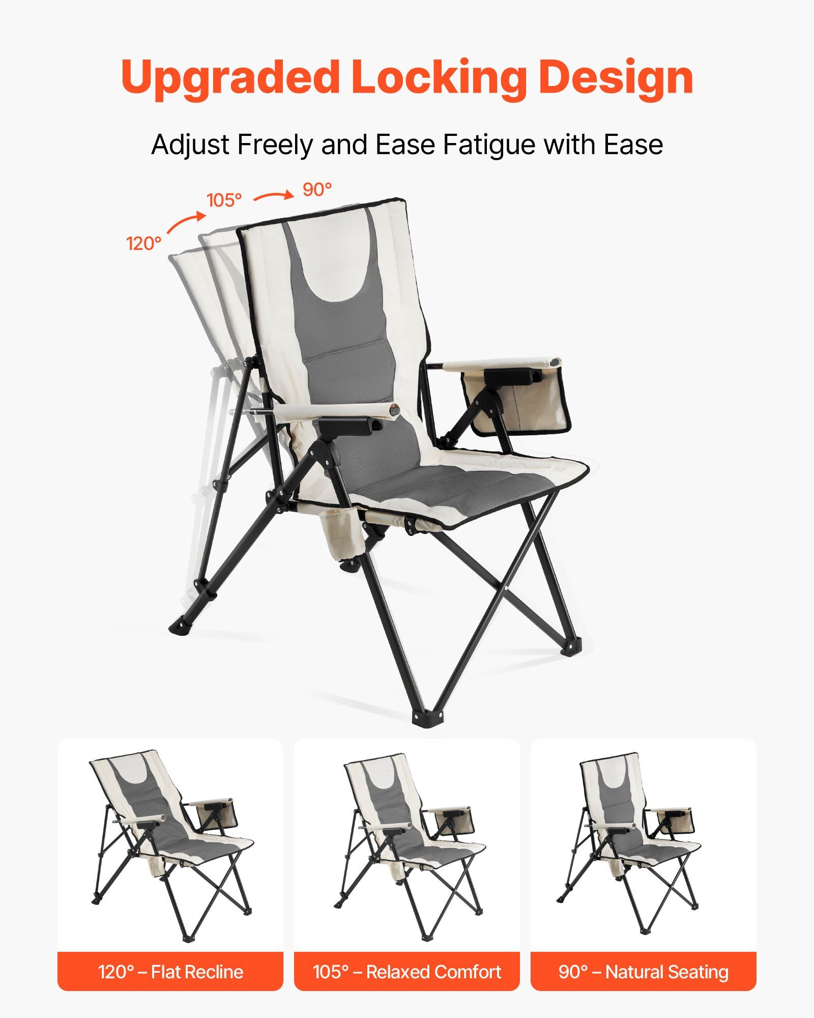 Folding Camping Chair, 3 Reclining Positions, Outdoor High Back Camping Chair, 260lbs Weight Capacity, Full Padded Beach Chairs with Armrest & Headrest, Portable Lawn Chairs for Sports Travel - Image 4