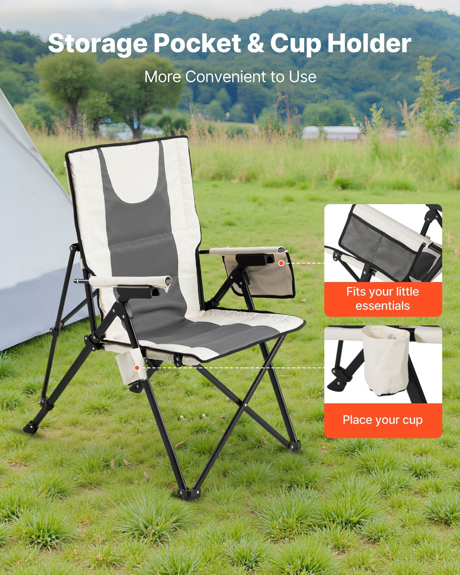 Folding Camping Chair, 3 Reclining Positions, Outdoor High Back Camping Chair, 260lbs Weight Capacity, Full Padded Beach Chairs with Armrest & Headrest, Portable Lawn Chairs for Sports Travel - Image 6