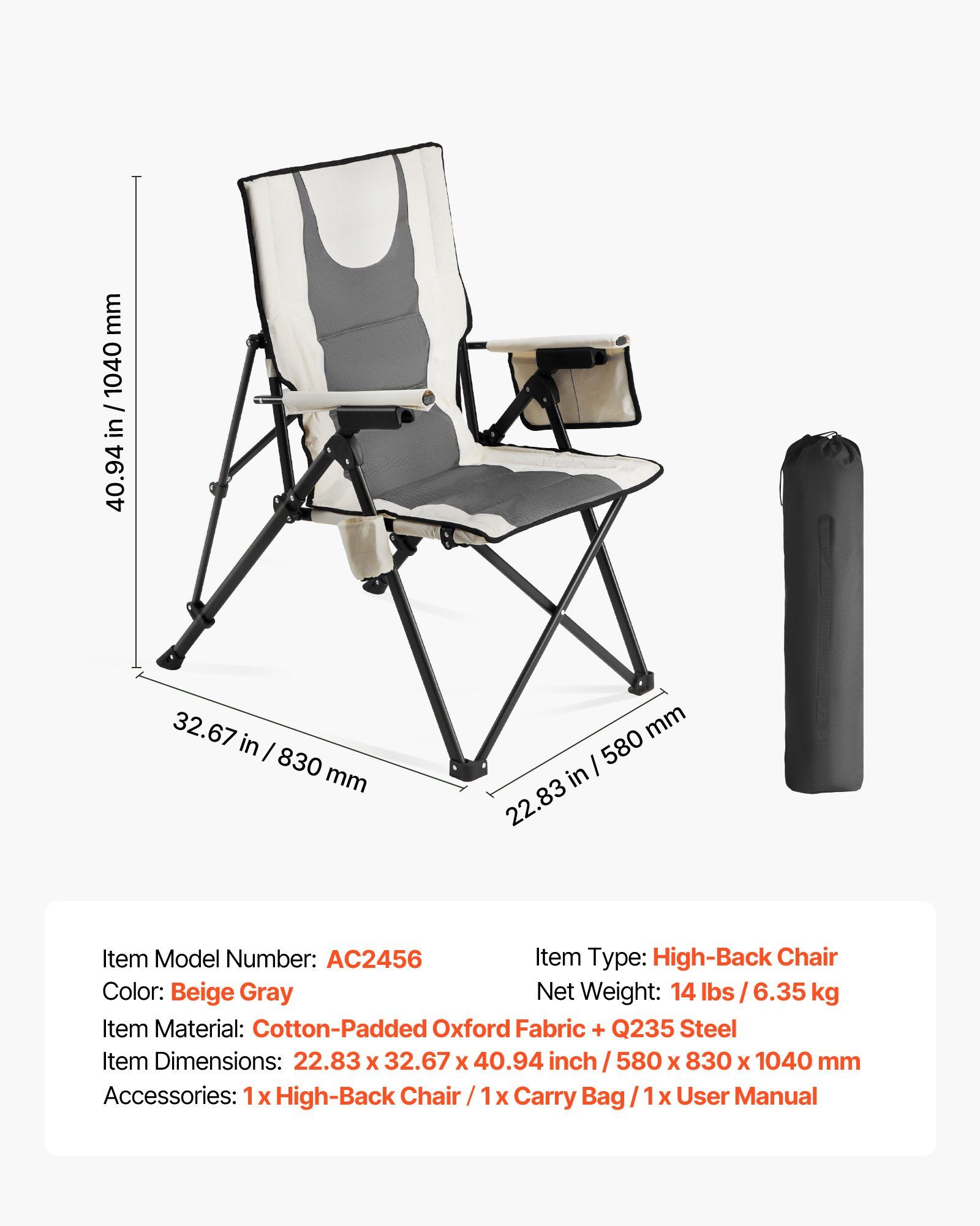 Folding Camping Chair, 3 Reclining Positions, Outdoor High Back Camping Chair, 260lbs Weight Capacity, Full Padded Beach Chairs with Armrest & Headrest, Portable Lawn Chairs for Sports Travel - Image 7