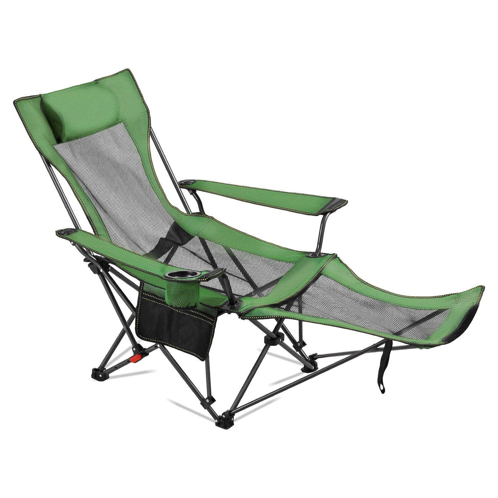 Reclining Camping Chair, 4 Adjustable Positions, Portable Folding Lounger for Adults, Mesh Beach Chair with Headrest & Foot Rest, Supports 220 lbs, Heavy Duty Camp Chairs for Patio, Green - Image 1