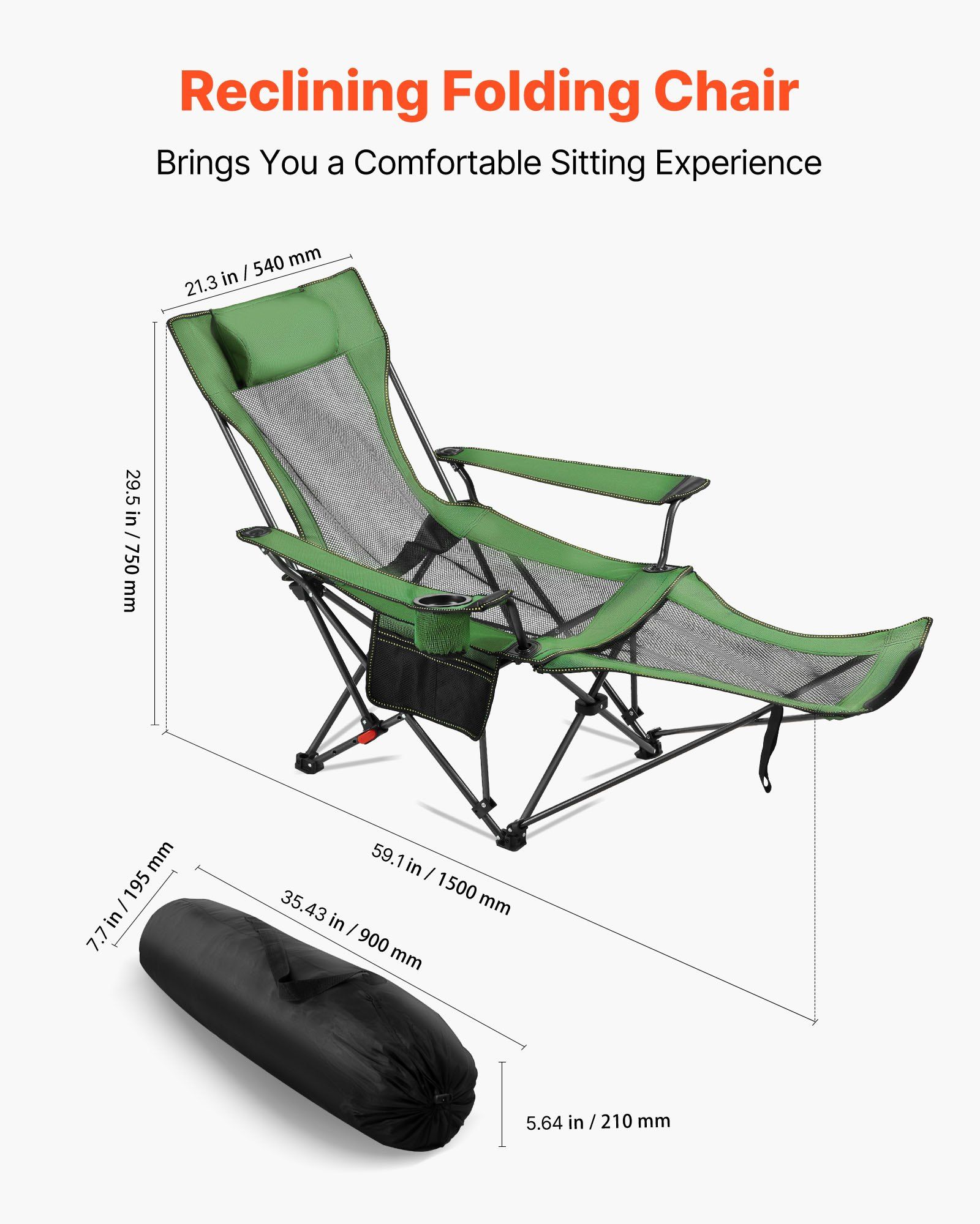 Reclining Camping Chair, 4 Adjustable Positions, Portable Folding Lounger for Adults, Mesh Beach Chair with Headrest & Foot Rest, Supports 220 lbs, Heavy Duty Camp Chairs for Patio, Green - Image 2
