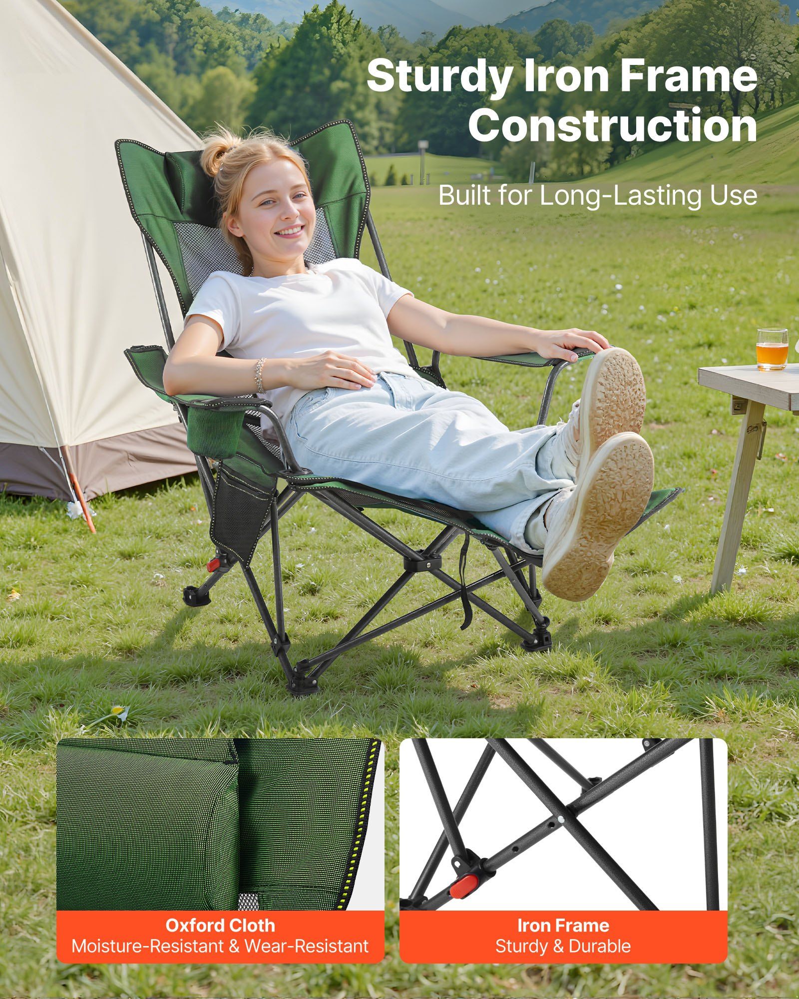 Reclining Camping Chair, 4 Adjustable Positions, Portable Folding Lounger for Adults, Mesh Beach Chair with Headrest & Foot Rest, Supports 220 lbs, Heavy Duty Camp Chairs for Patio, Green - Image 3
