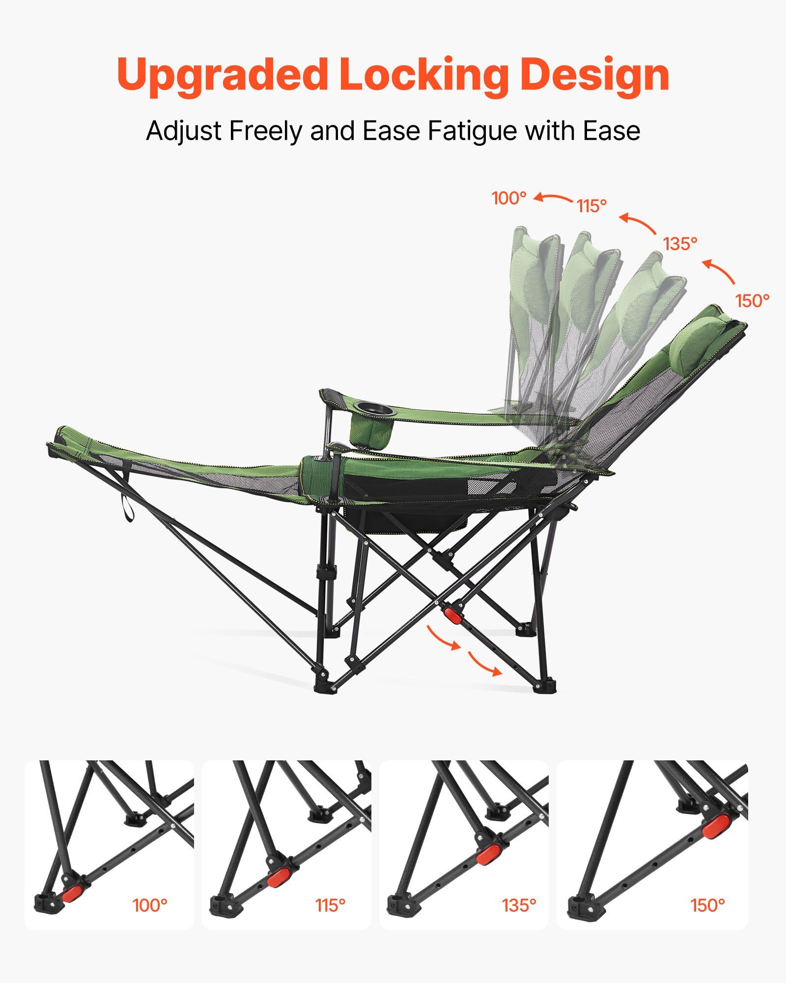 Reclining Camping Chair, 4 Adjustable Positions, Portable Folding Lounger for Adults, Mesh Beach Chair with Headrest & Foot Rest, Supports 220 lbs, Heavy Duty Camp Chairs for Patio, Green - Image 4