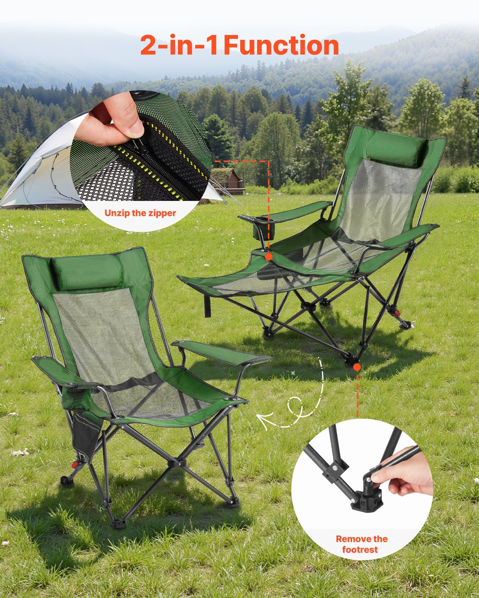 Reclining Camping Chair, 4 Adjustable Positions, Portable Folding Lounger for Adults, Mesh Beach Chair with Headrest & Foot Rest, Supports 220 lbs, Heavy Duty Camp Chairs for Patio, Green - Image 5