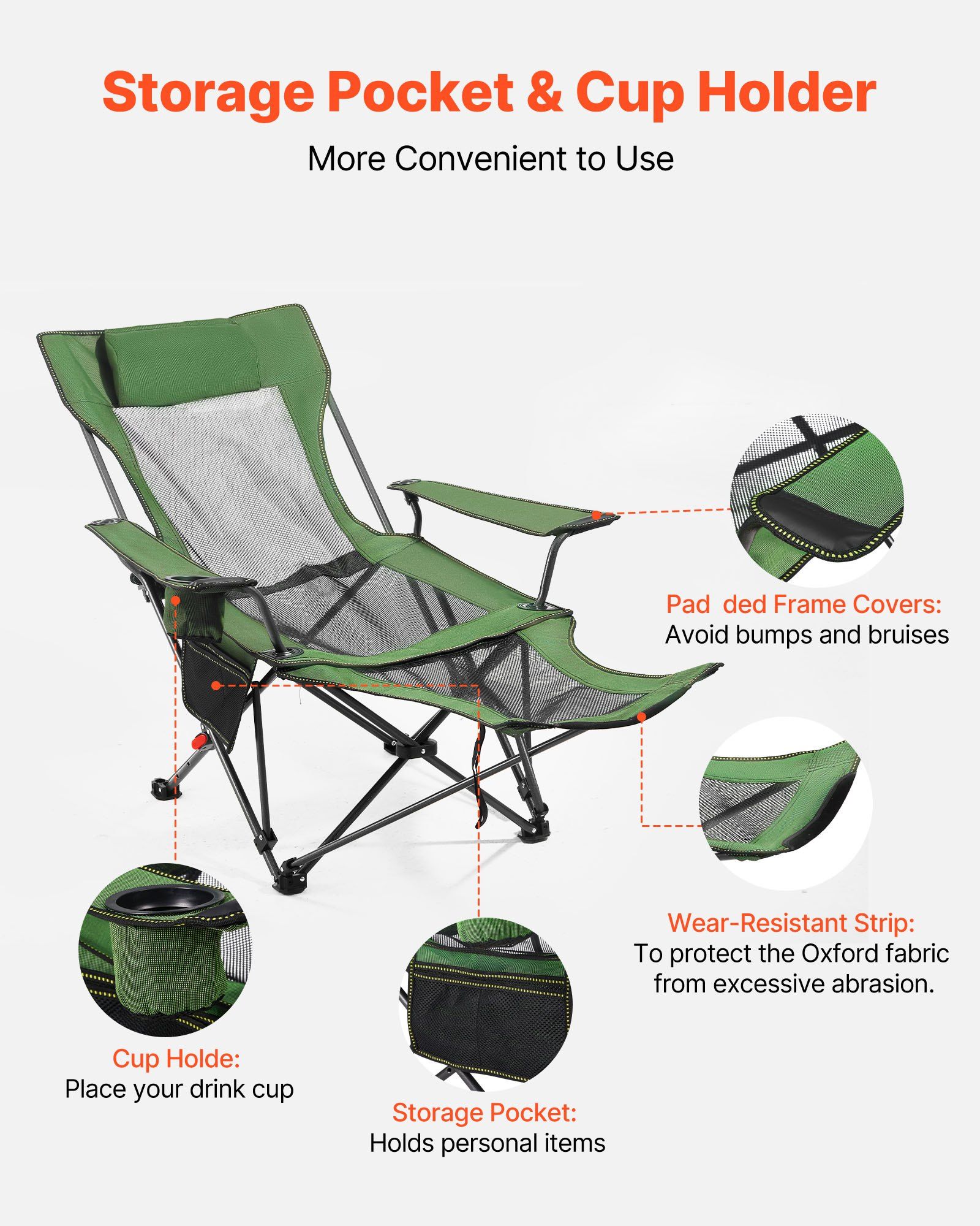Reclining Camping Chair, 4 Adjustable Positions, Portable Folding Lounger for Adults, Mesh Beach Chair with Headrest & Foot Rest, Supports 220 lbs, Heavy Duty Camp Chairs for Patio, Green - Image 6