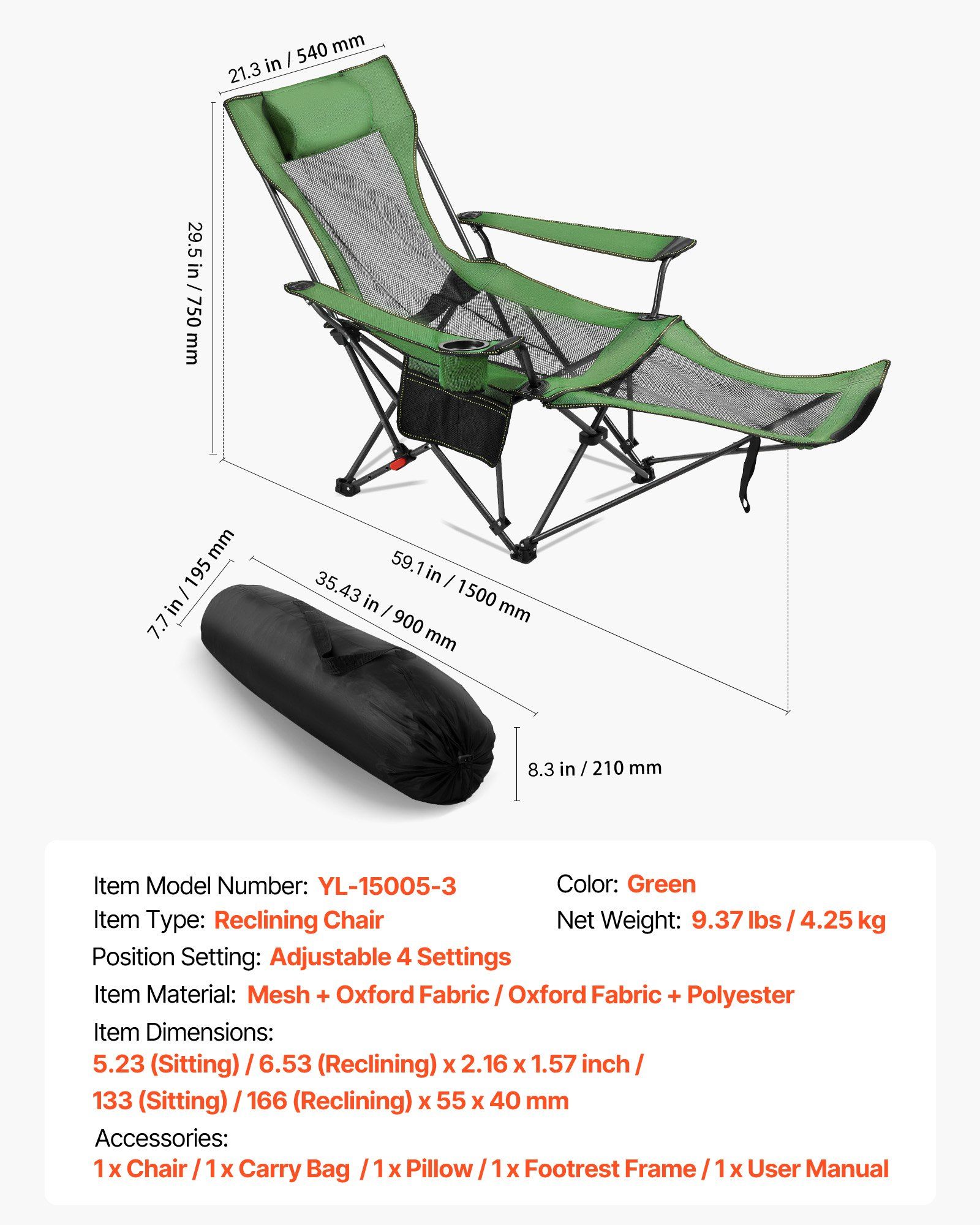 Reclining Camping Chair, 4 Adjustable Positions, Portable Folding Lounger for Adults, Mesh Beach Chair with Headrest & Foot Rest, Supports 220 lbs, Heavy Duty Camp Chairs for Patio, Green - Image 7
