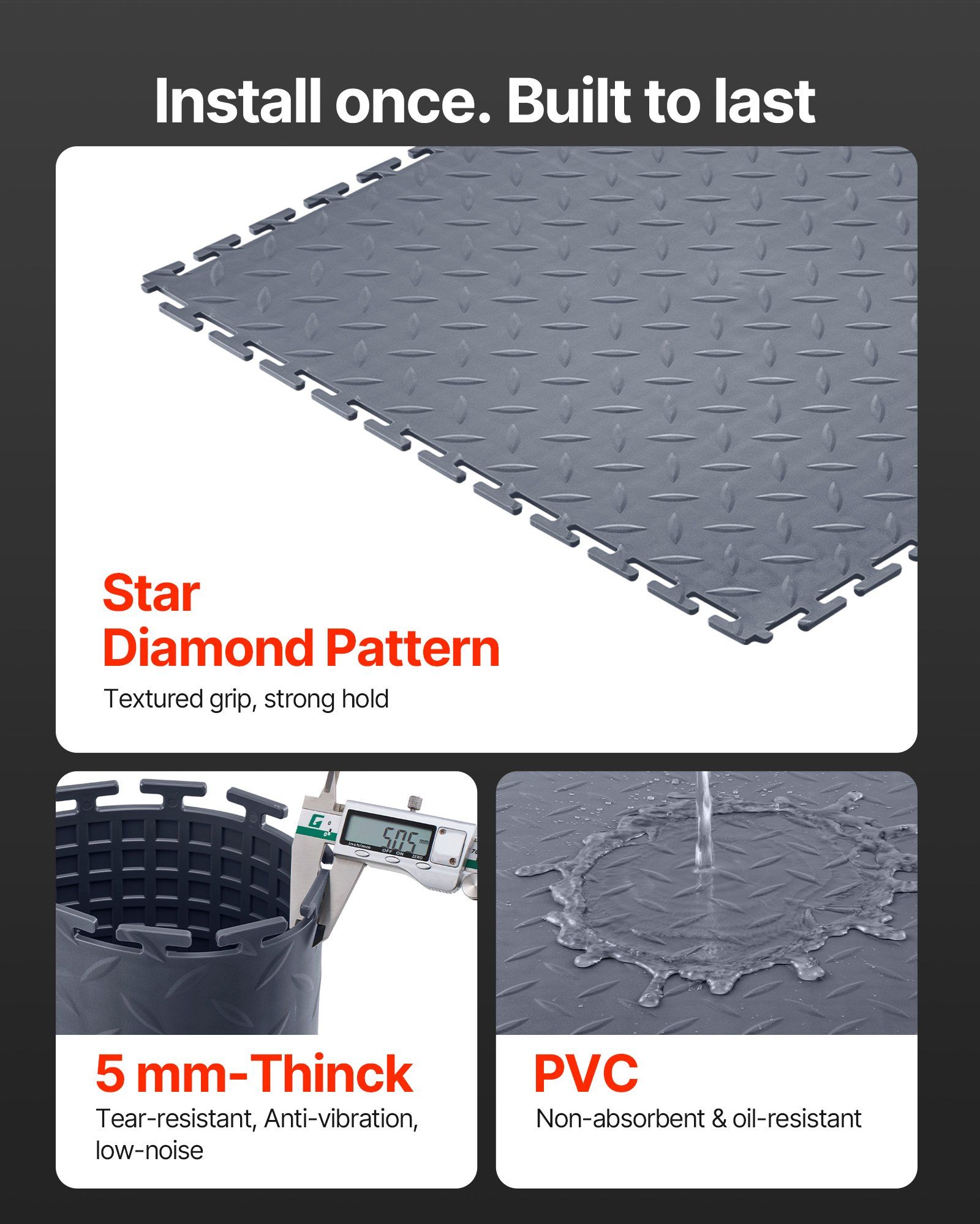 Garage Floor Tiles Interlocking, 16 Pack 513 x 513 x 5 mm Interlocking Modular Garage Flooring Tiles, Diamond Plate Slip-Resistant PVC Mats for Workshop,Warehouse,Tool Room, Graphite Gray - Image 3