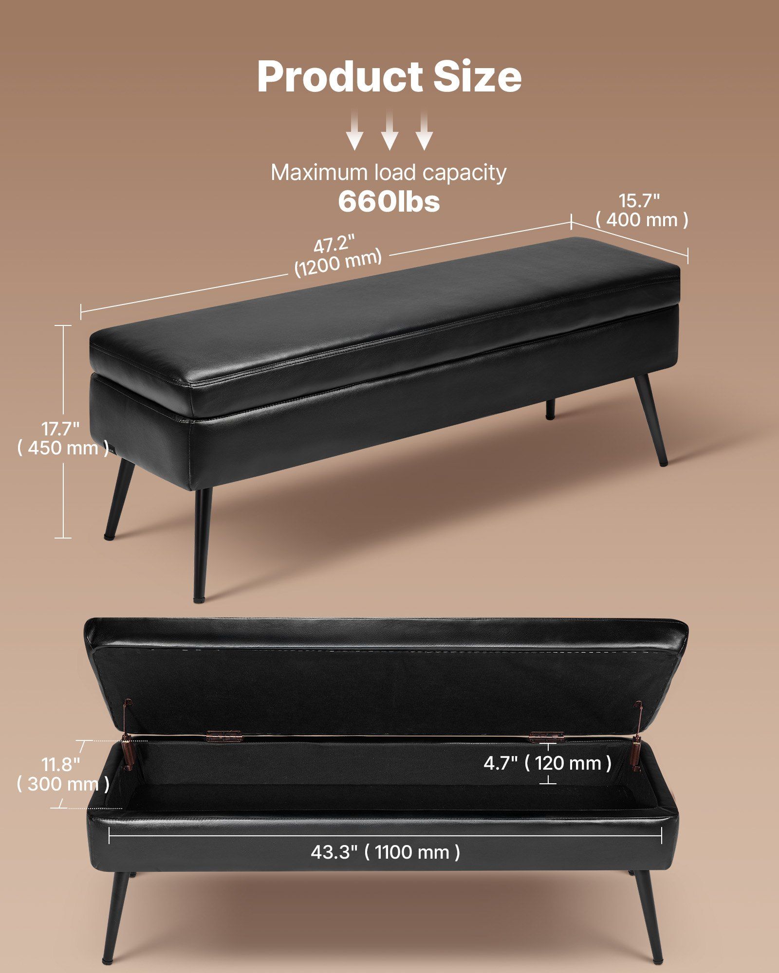 Leather Storage Ottoman Bench, PU Leather Bench with Storage and Metal Legs, Modern Shoe Benches Seat for Entryway, Upholstered End of Bed Benches for Living Room, Dining Room, Hallway, Black - Image 2