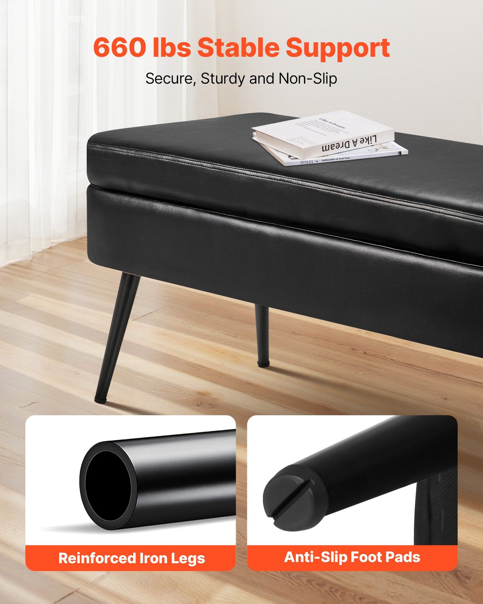 Leather Storage Ottoman Bench, PU Leather Bench with Storage and Metal Legs, Modern Shoe Benches Seat for Entryway, Upholstered End of Bed Benches for Living Room, Dining Room, Hallway, Black - Image 3