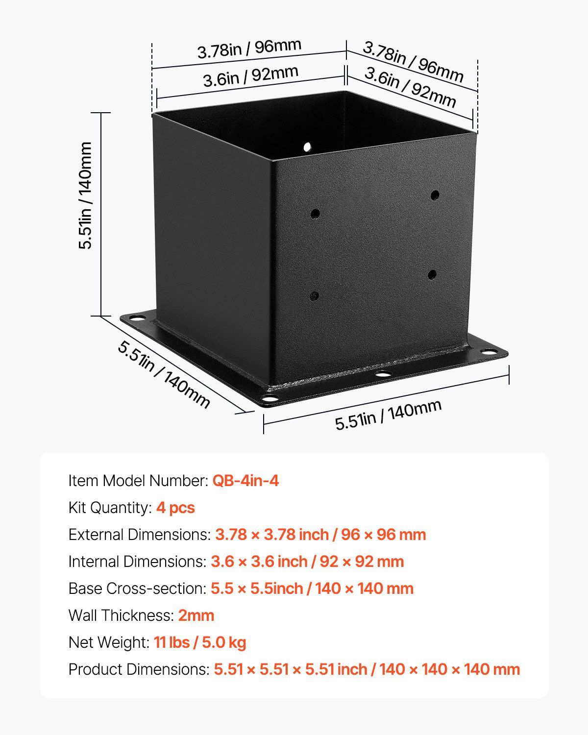 4x4 Post Base 4 Pcs, Inner Size 3.6x3.6 inch / 92x92 mm Post Brackets, Heavy Duty Carbon Steel Decking Posts, Wood Posts Brackets for Pavilion Deck Railing Support Deck Base Plate, Black - Image 7