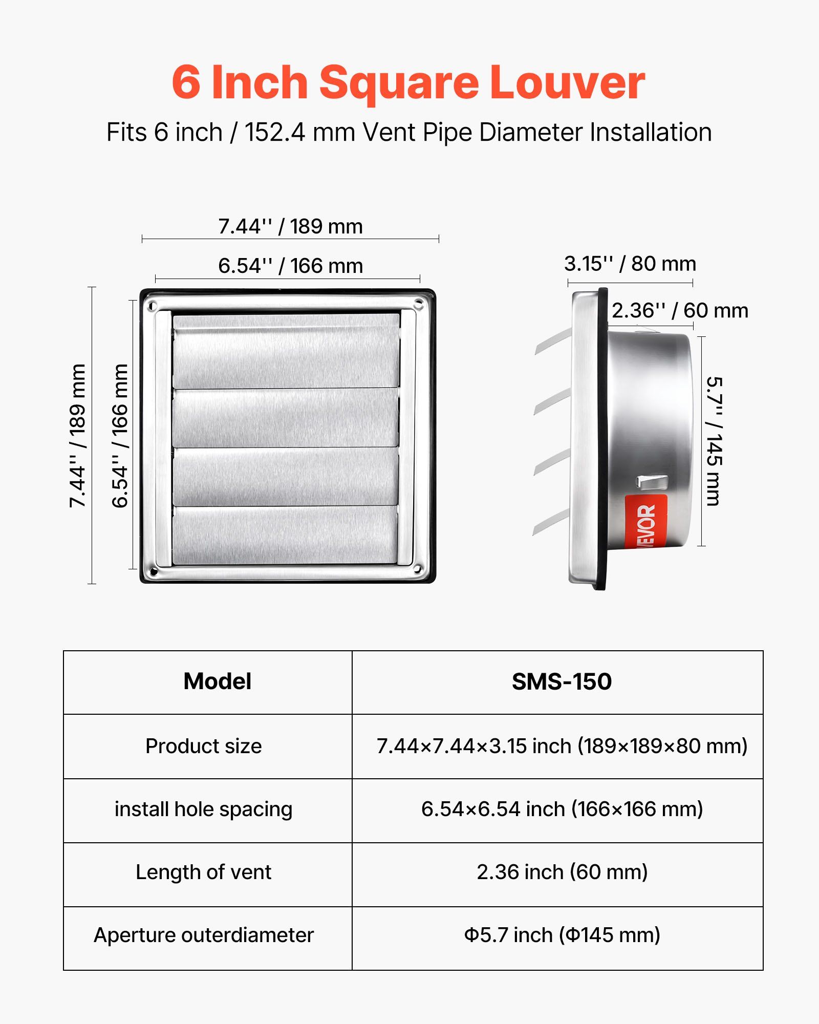 145mm Wall Vent Cover, Louvered Square AC Vent Gable Cover, Premium Stainless Steel & with Noise Reducing Rubber Gasket, for House,Bathroom,Garage,Kitchen,Basement (1 Pack, Silver) - Image 2