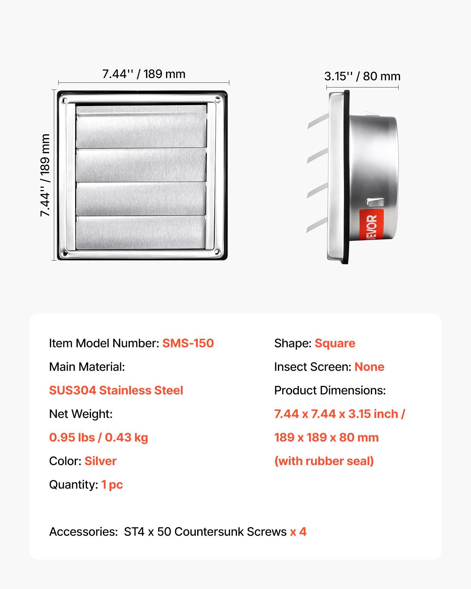 145mm Wall Vent Cover, Louvered Square AC Vent Gable Cover, Premium Stainless Steel & with Noise Reducing Rubber Gasket, for House,Bathroom,Garage,Kitchen,Basement (1 Pack, Silver) - Image 7