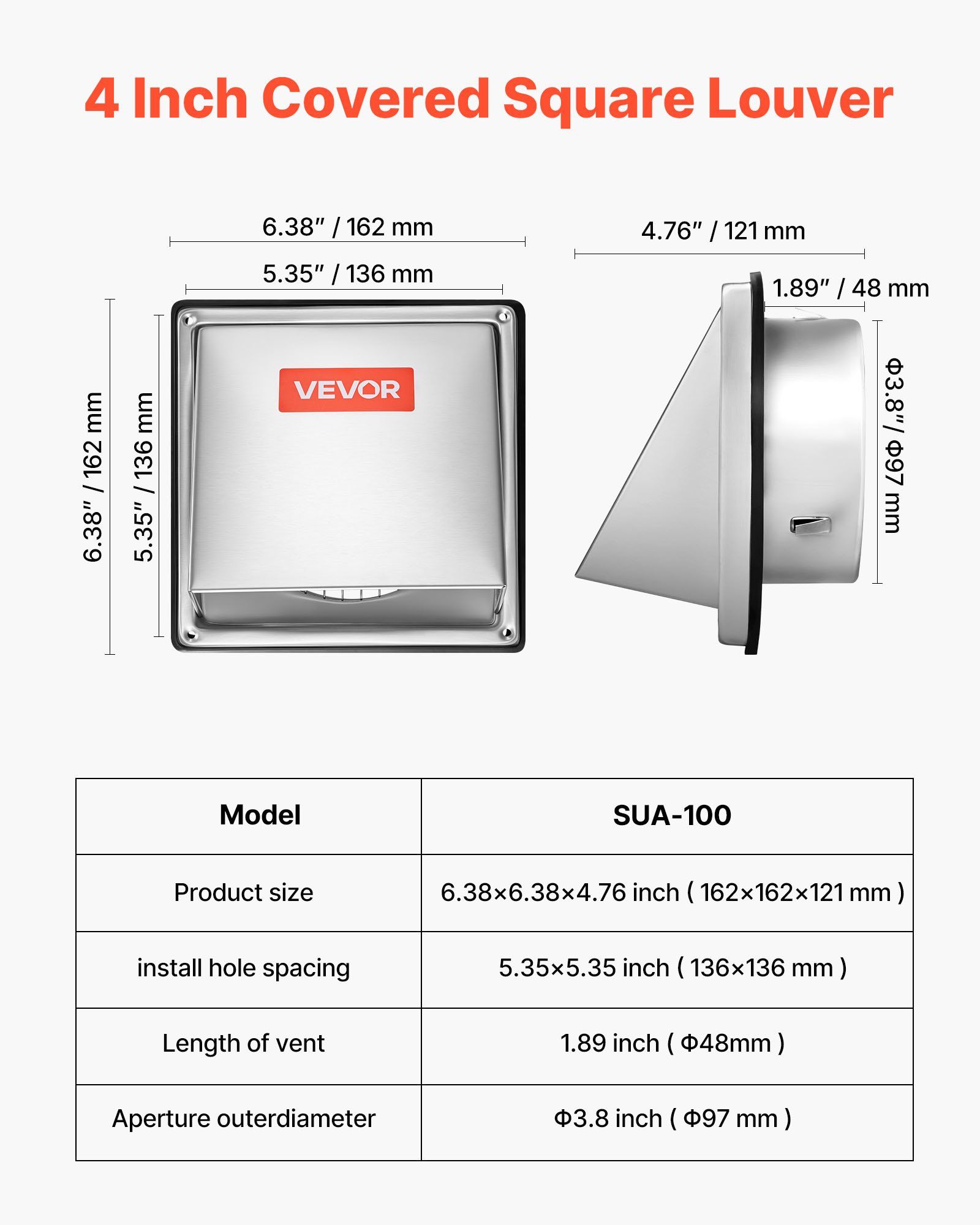 97mm External Extractor Wall Vent Cover, Square AC Vent Gable Cover, Premium Stainless Steel & with Built-in a Protection Screen, for House,Bathroom,Garage,Kitchen,Basement (1 Pack, Silver) - Image 2