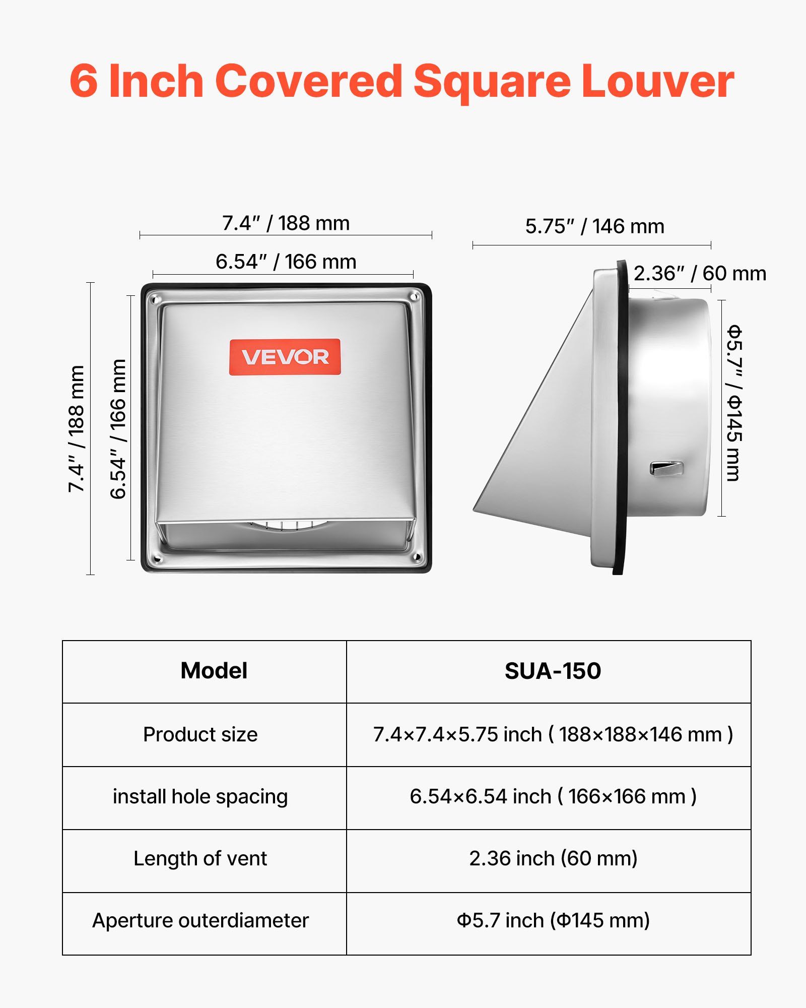 145 mm External Extractor Wall Vent Cover, Square AC Vent Gable Cover, Premium Stainless Steel & with Built-in a Protection Screen, for House,Bathroom,Garage,Kitchen,Basement (1 Pack, Silver) - Image 2