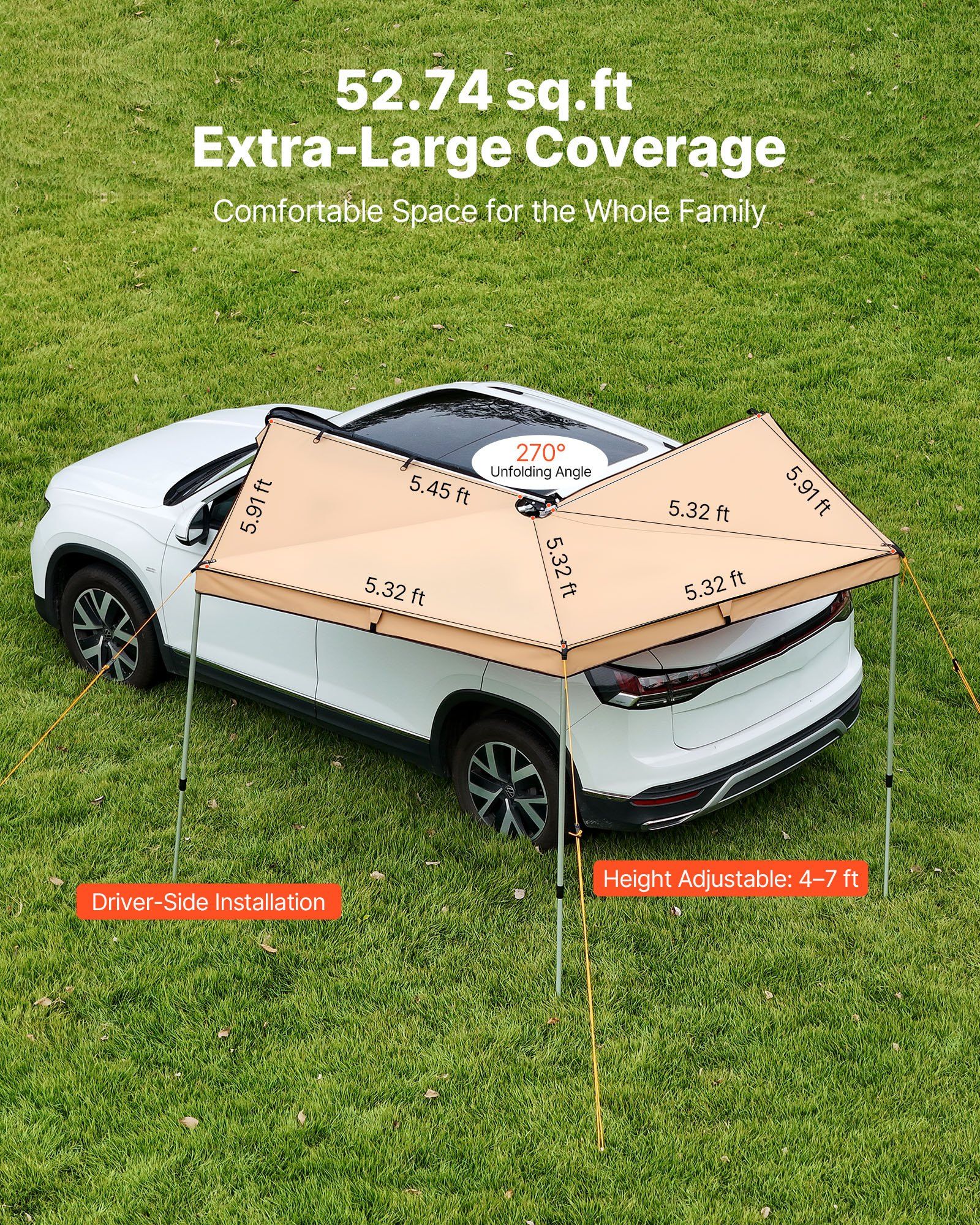 270 Degree Awning, 4.9 ㎡ Driver Side Vehicle Awning, Waterproof UV50+ Car Side Awnings with Carry Bag, All-Weather Free-Standing Overland Awnings Car Shelter for SUV Van Truck Camping - Image 3