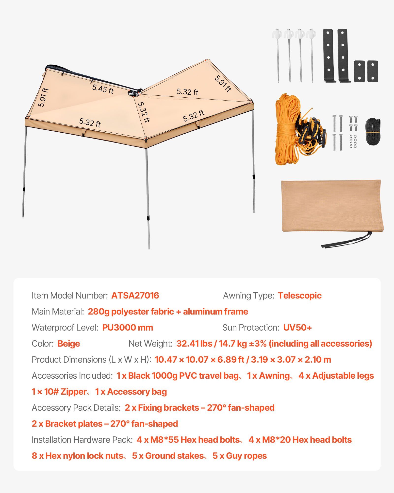 270 Degree Awning, 4.9 ㎡ Driver Side Vehicle Awning, Waterproof UV50+ Car Side Awnings with Carry Bag, All-Weather Free-Standing Overland Awnings Car Shelter for SUV Van Truck Camping - Image 7