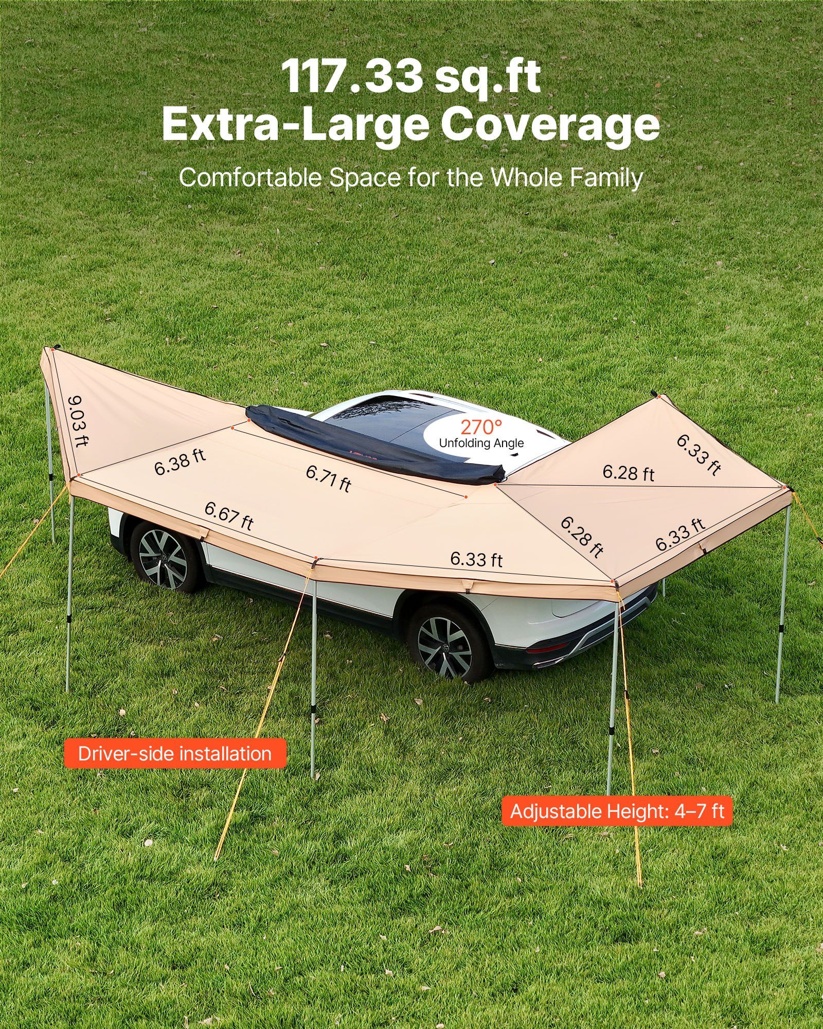270 Degree Awning with Bulit-in LED Lights, 10.9 ㎡ Driver Side Vehicle Awning, Waterproof UV50+ Car Side Awnings, All-Weather Free-Standing Overland Awnings Car Shelter for SUV Truck Camping - Image 3