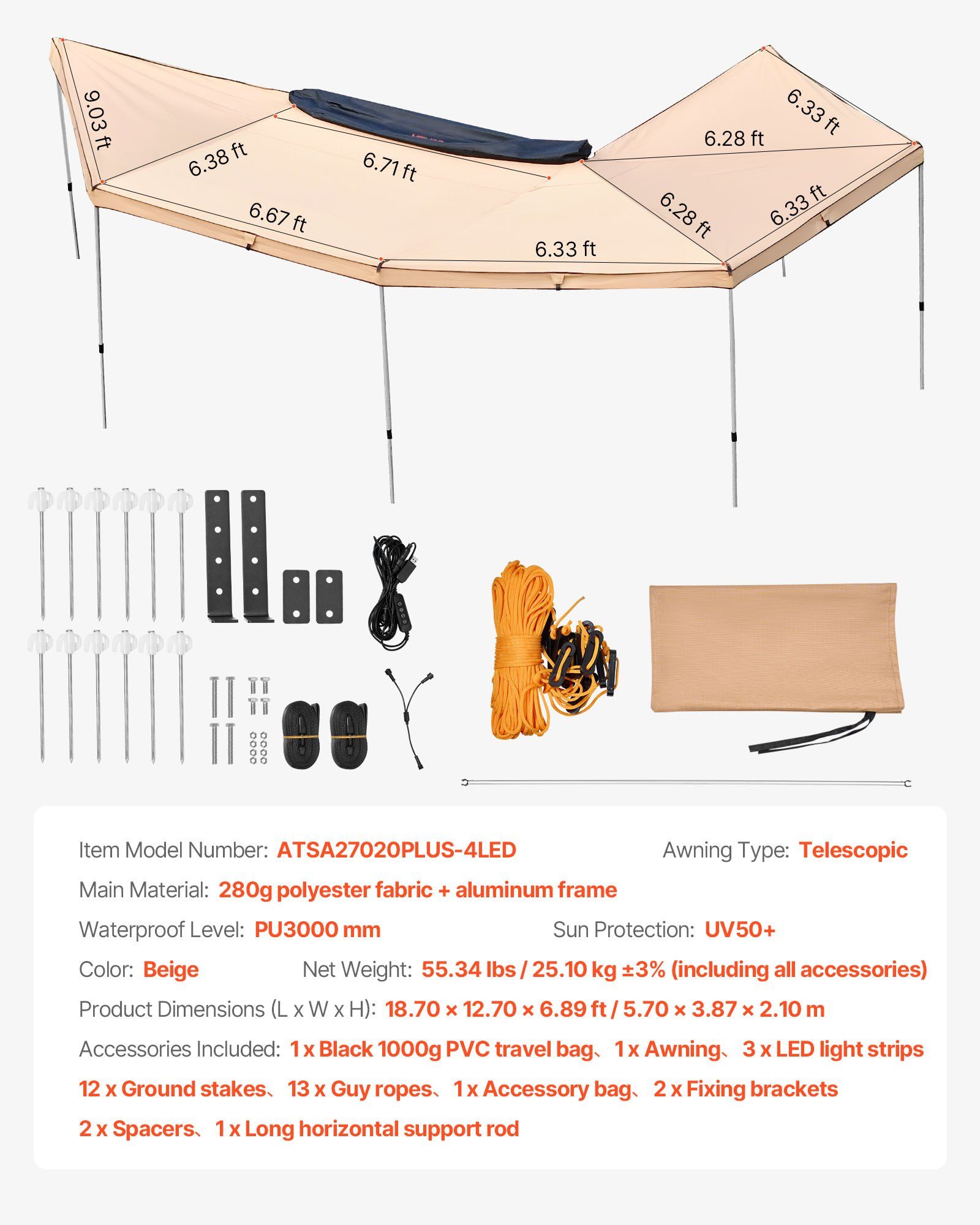 270 Degree Awning with Bulit-in LED Lights, 10.9 ㎡ Driver Side Vehicle Awning, Waterproof UV50+ Car Side Awnings, All-Weather Free-Standing Overland Awnings Car Shelter for SUV Truck Camping - Image 7