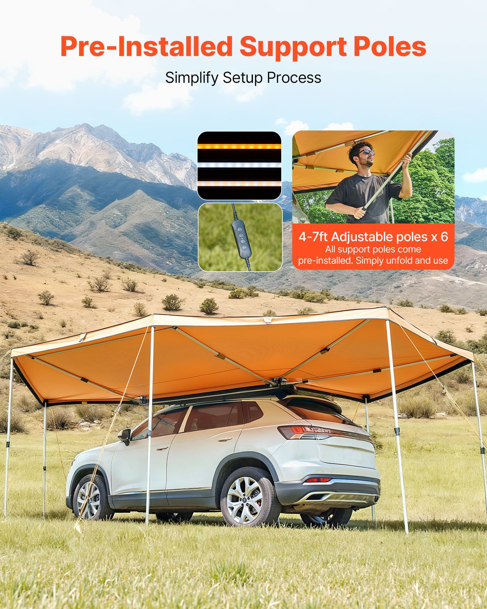 270 Degree Awning with Bulit-in LED Lights, 12.4 ㎡ Driver Side Vehicle Awning, Waterproof UV50+ Car Side Awnings, All-Weather Free-Standing Overland Awnings Car Shelter for SUV Truck Camping - Image 2