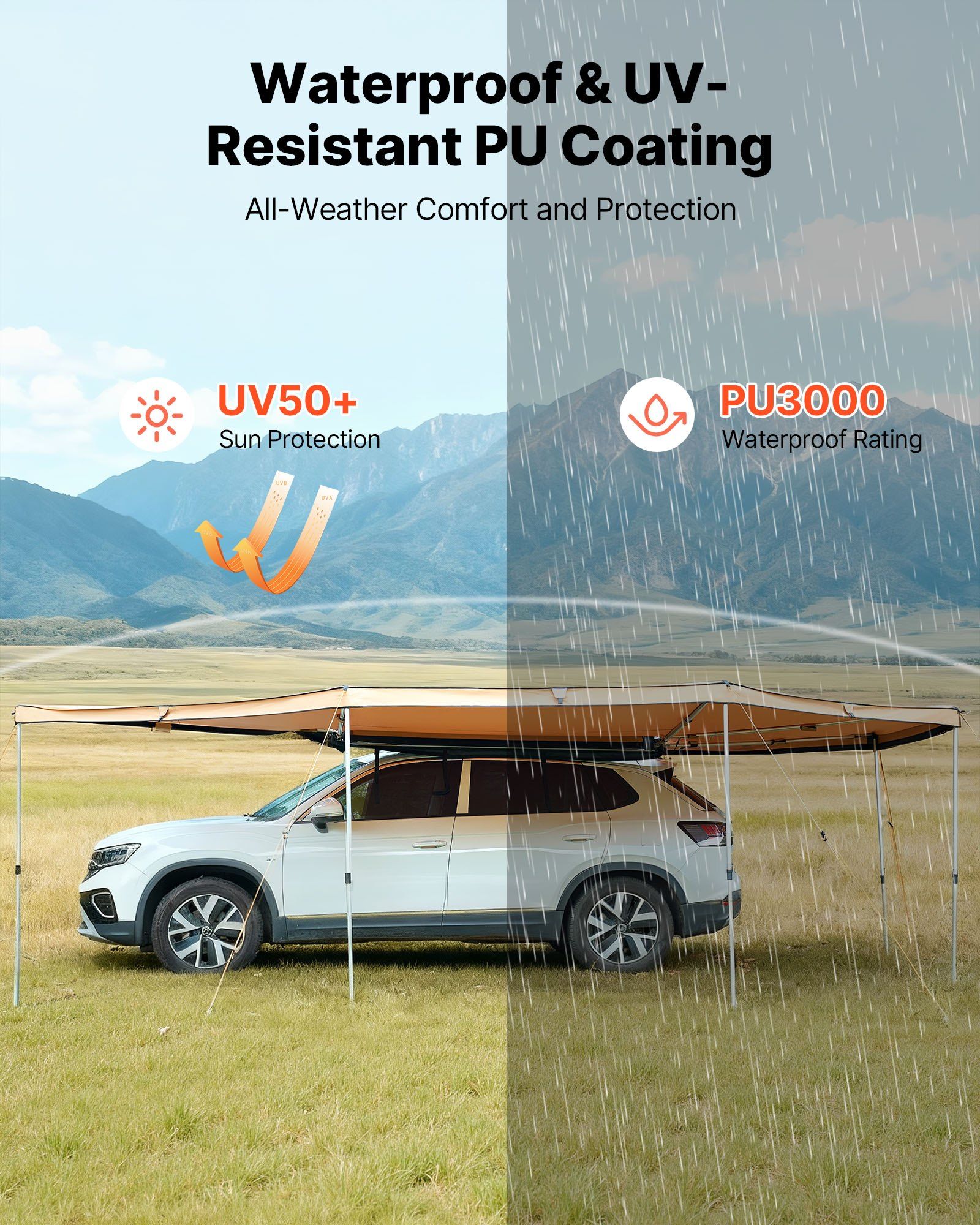 270 Degree Awning with Bulit-in LED Lights, 12.4 ㎡ Driver Side Vehicle Awning, Waterproof UV50+ Car Side Awnings, All-Weather Free-Standing Overland Awnings Car Shelter for SUV Truck Camping - Image 6