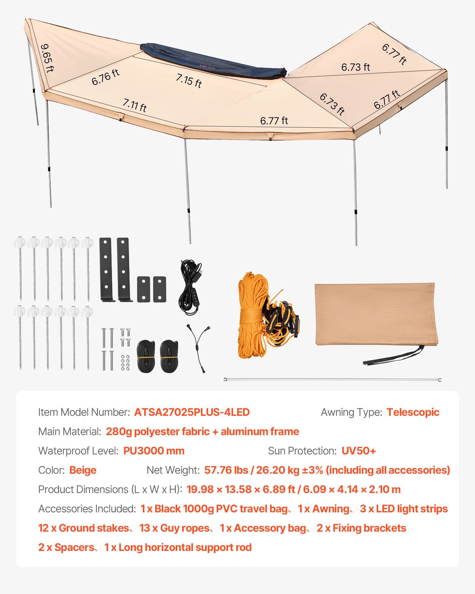 270 Degree Awning with Bulit-in LED Lights, 12.4 ㎡ Driver Side Vehicle Awning, Waterproof UV50+ Car Side Awnings, All-Weather Free-Standing Overland Awnings Car Shelter for SUV Truck Camping - Image 7