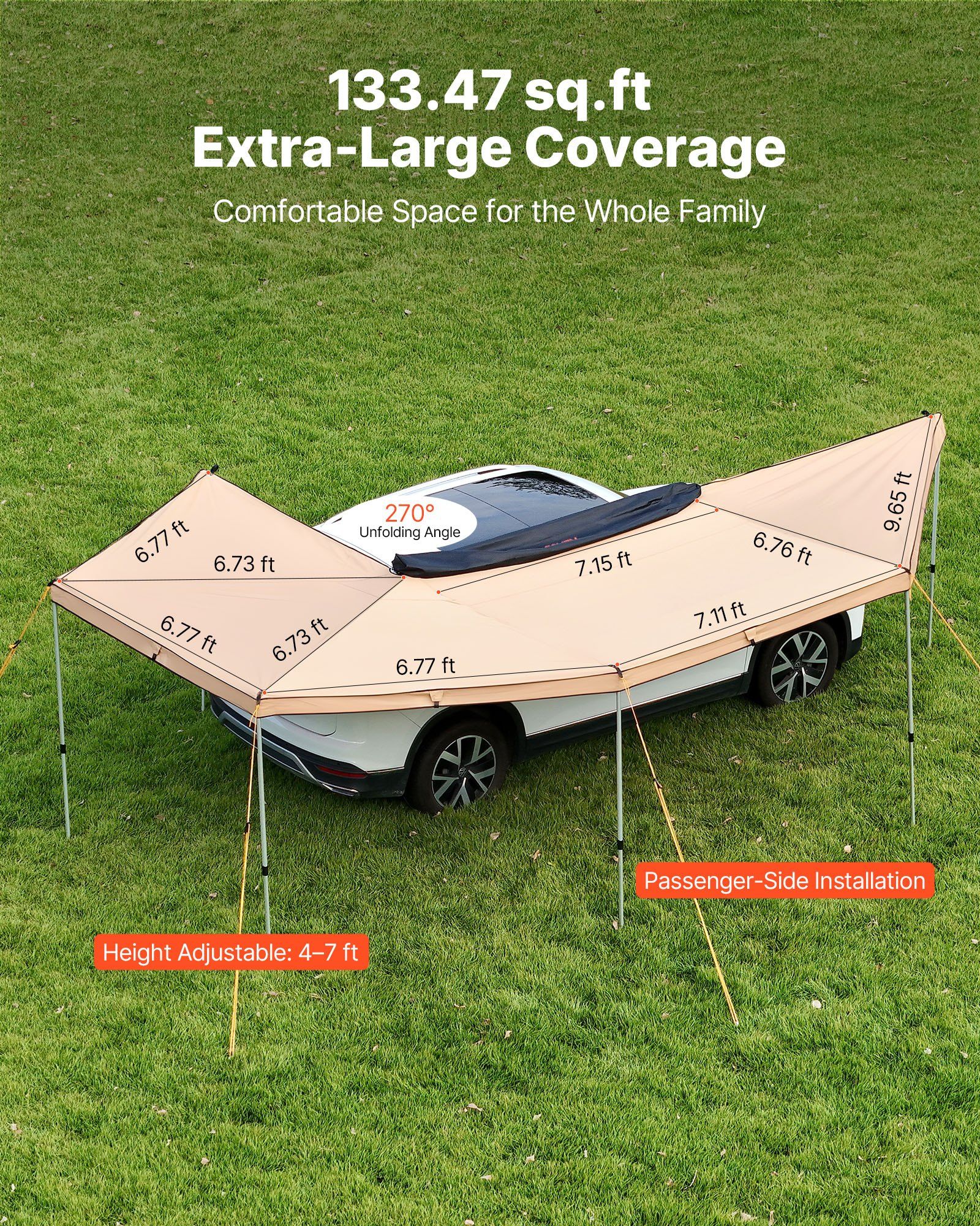 270 Degree Awning, 12.4 ㎡ Driver Side Vehicle Awning, Waterproof UV50+ Car Side Awnings with Carry Bag, All-Weather Free-Standing Overland Awnings Car Shelter for SUV Van Truck Camping - Image 3