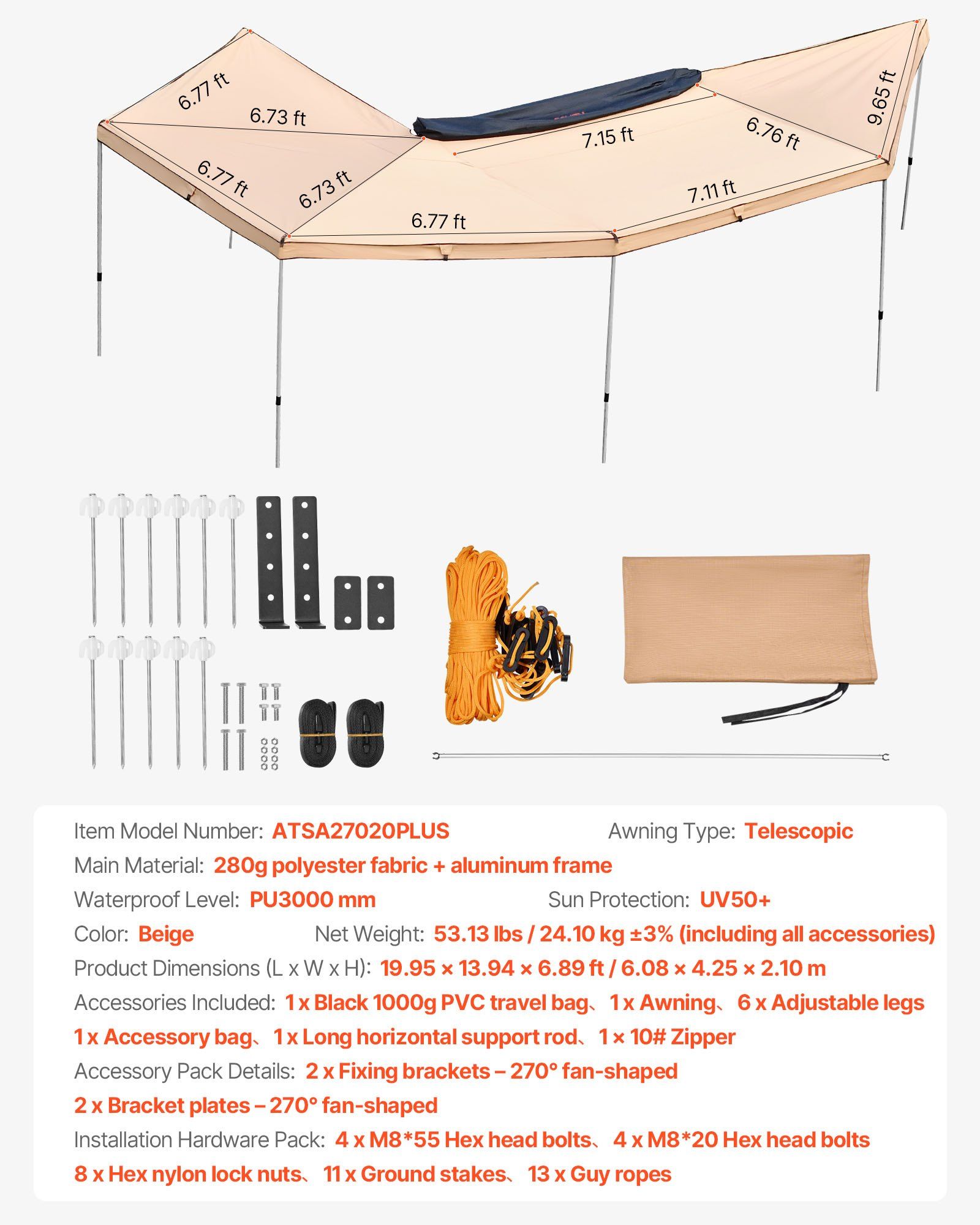 270 Degree Awning, 12.4 ㎡ Driver Side Vehicle Awning, Waterproof UV50+ Car Side Awnings with Carry Bag, All-Weather Free-Standing Overland Awnings Car Shelter for SUV Van Truck Camping - Image 7