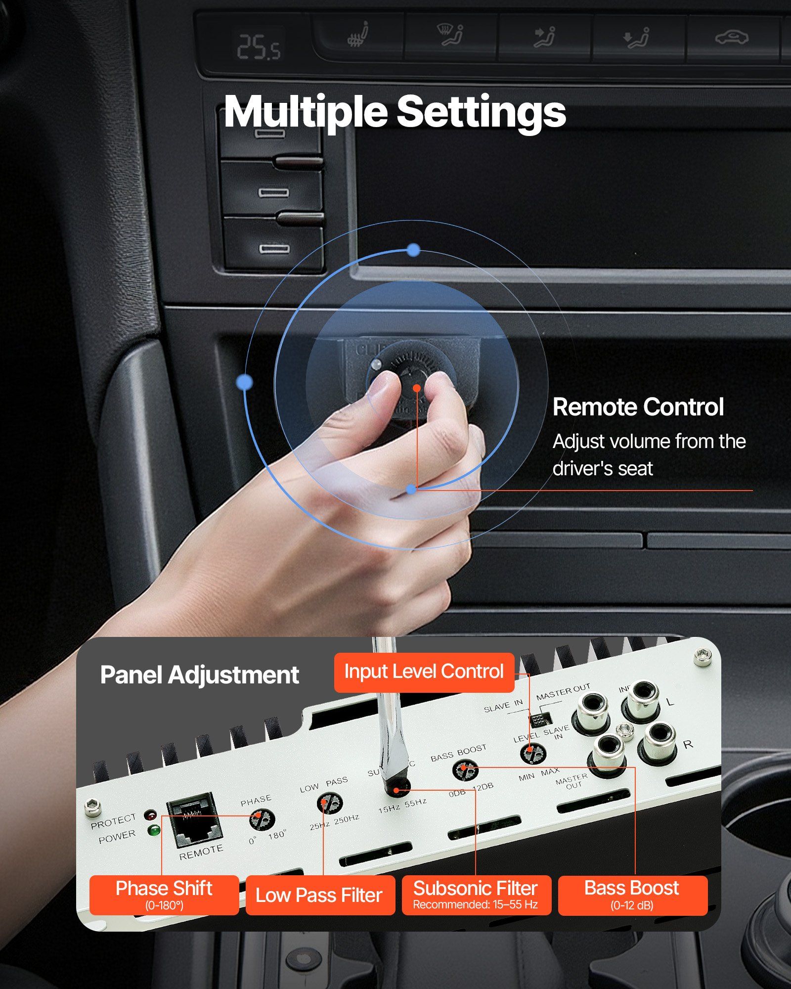 Monoblock Car Amplifier, 1200W RMS MAX, 1/2/4 Ohm Stable, 1-Channel Class D Car Audio Amplifier with Remote Subwoofer Level Control, Low Pass Filter, Bass Boost & Phase Shift, Volume Controller - Image 4