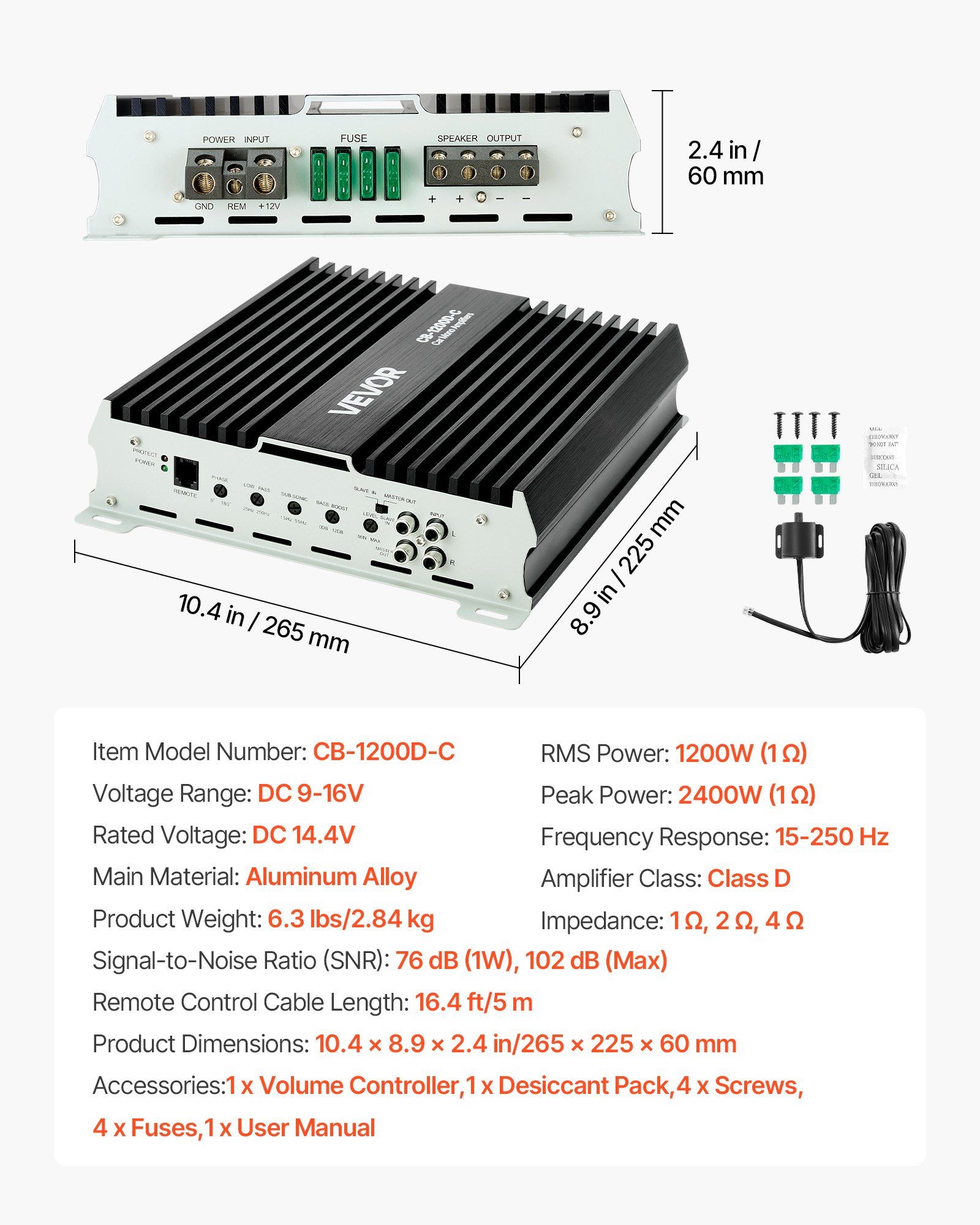 Monoblock Car Amplifier, 1200W RMS MAX, 1/2/4 Ohm Stable, 1-Channel Class D Car Audio Amplifier with Remote Subwoofer Level Control, Low Pass Filter, Bass Boost & Phase Shift, Volume Controller - Image 7