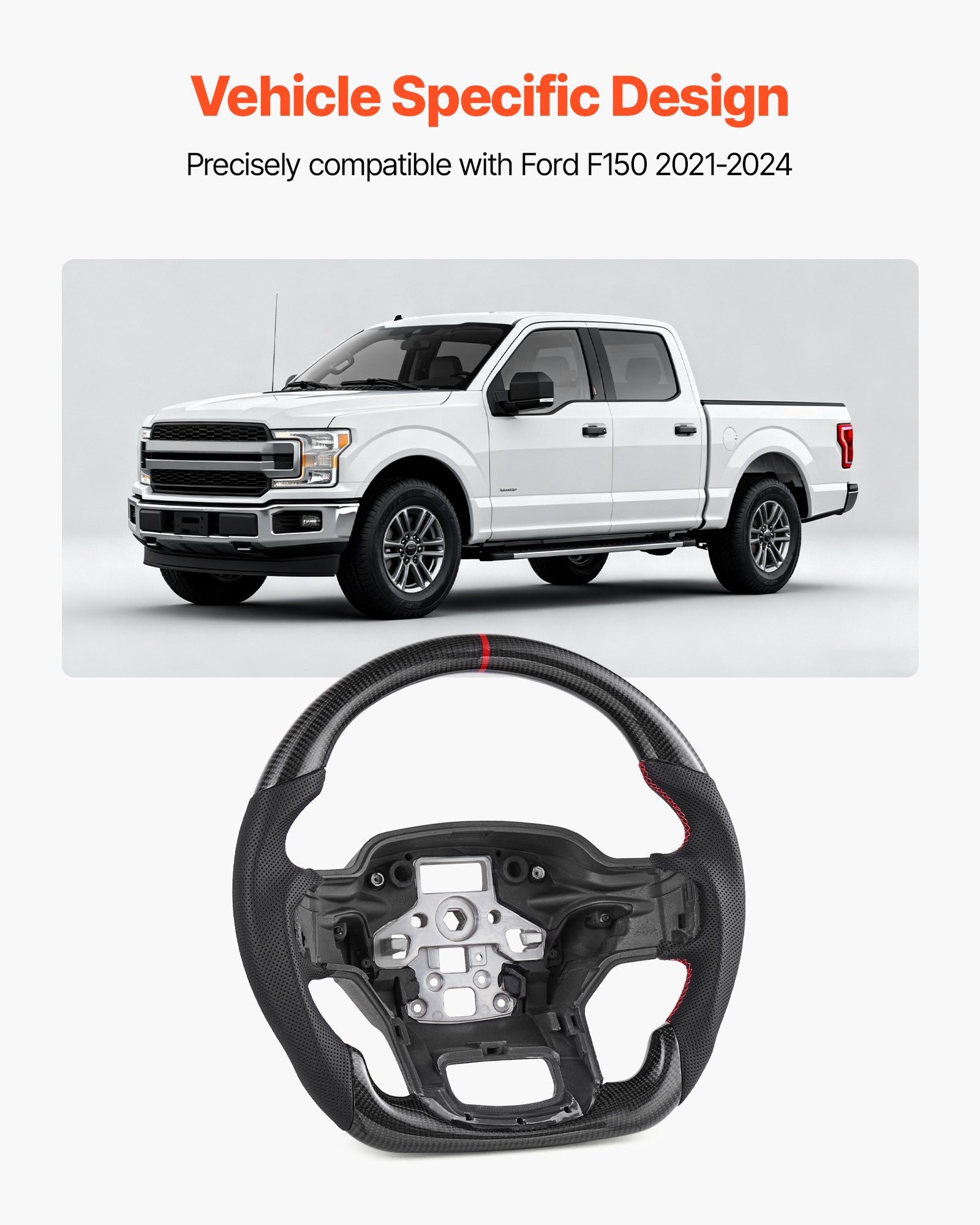 Steering Wheel for 2021-2024 Ford F150, Carbon Fiber Steering Wheel D-Shaped Flat-Bottom, Leather Grip with Non-Slip Texture & Precise Stitching, Accessories Replacement for Ford F150, Black - Image 2