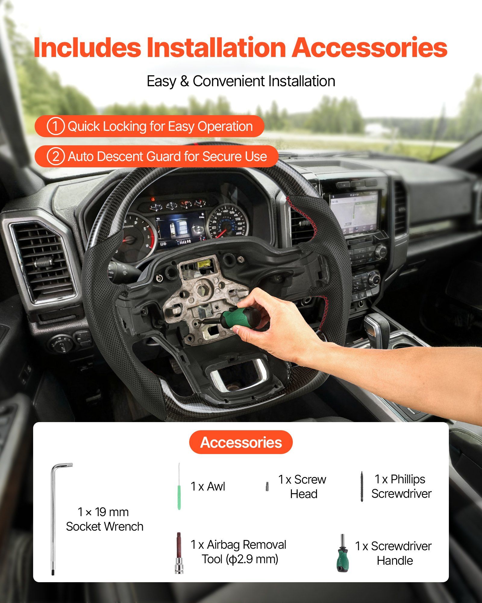 Steering Wheel for 2021-2024 Ford F150, Carbon Fiber Steering Wheel D-Shaped Flat-Bottom, Leather Grip with Non-Slip Texture & Precise Stitching, Accessories Replacement for Ford F150, Black - Image 6