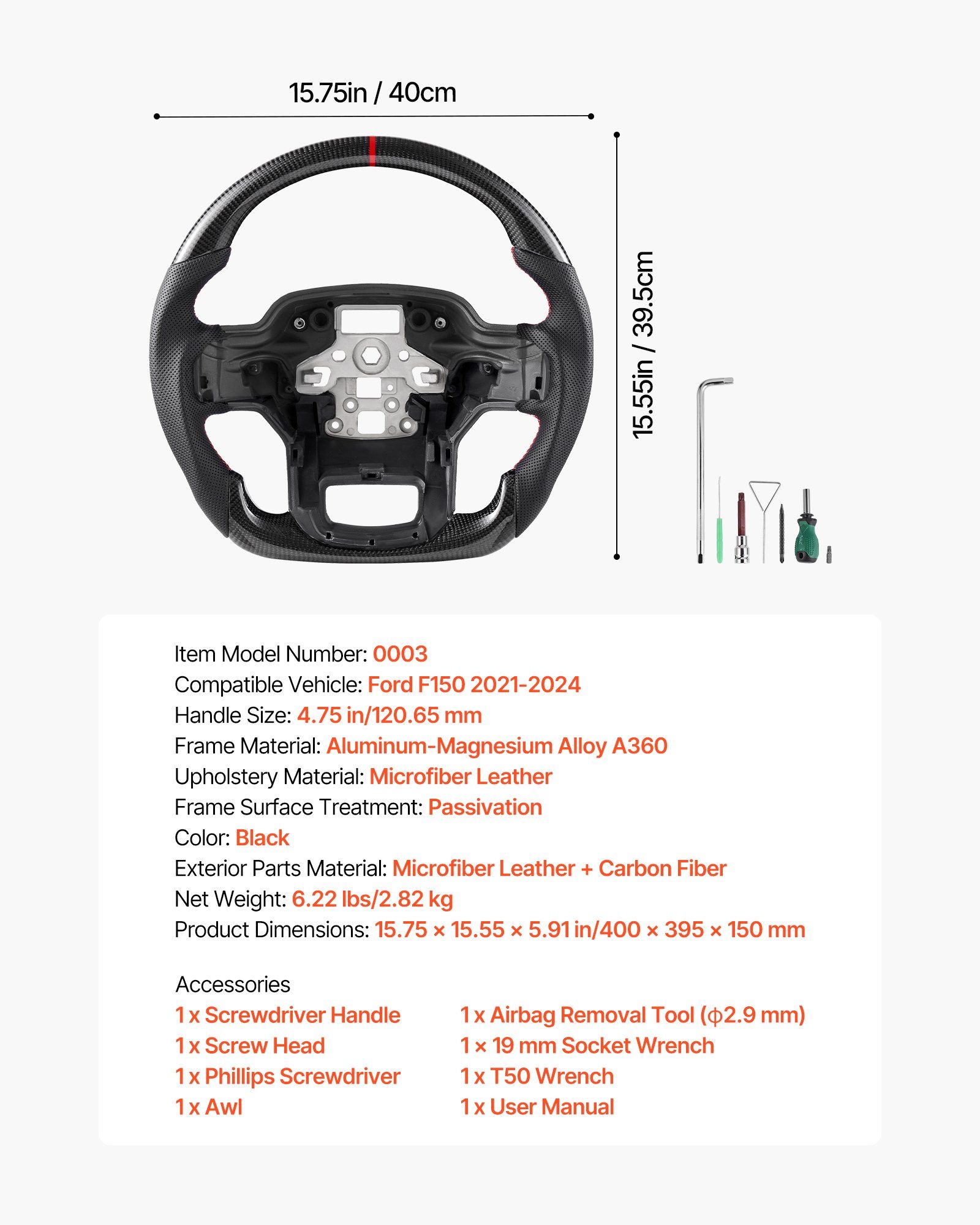 Steering Wheel for 2021-2024 Ford F150, Carbon Fiber Steering Wheel D-Shaped Flat-Bottom, Leather Grip with Non-Slip Texture & Precise Stitching, Accessories Replacement for Ford F150, Black - Image 7