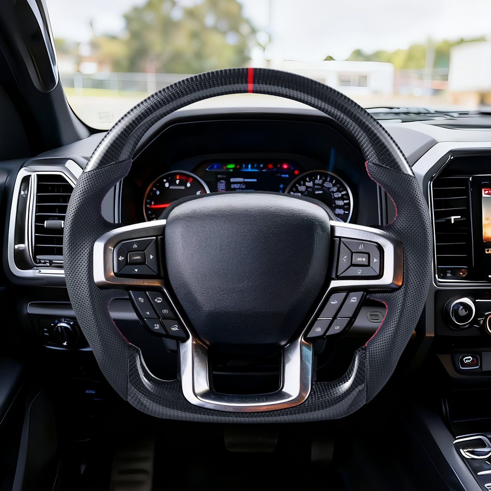 Steering Wheel for 2021-2024 Ford F150, Carbon Fiber Steering Wheel D-Shaped Flat-Bottom, Leather Grip with Non-Slip Texture & Precise Stitching, Accessories Replacement for Ford F150, Black - Image 8
